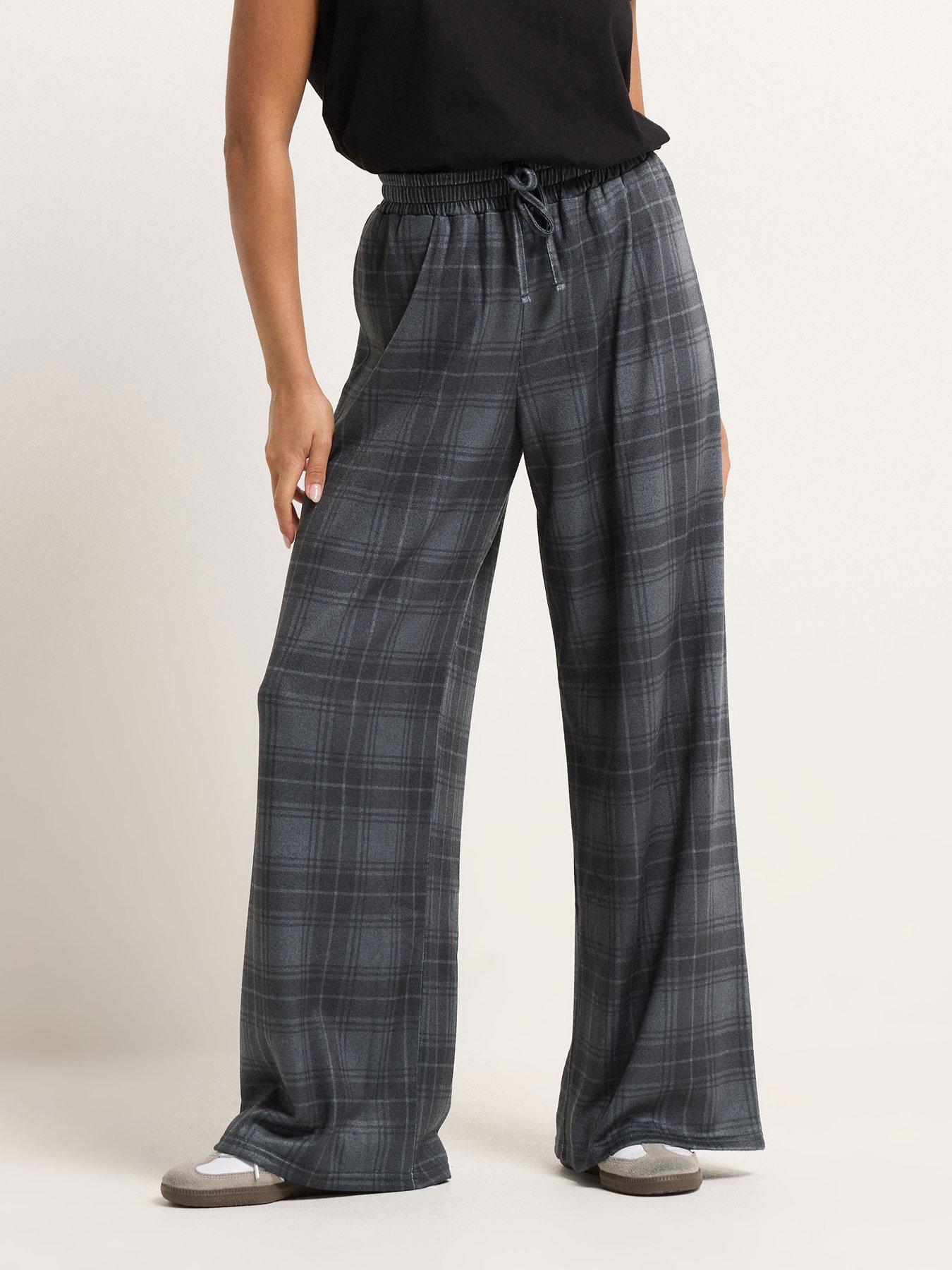 Image 1 of 4 of PixieGirl Petite Brushed Check Wide Leg Trousers - Grey
