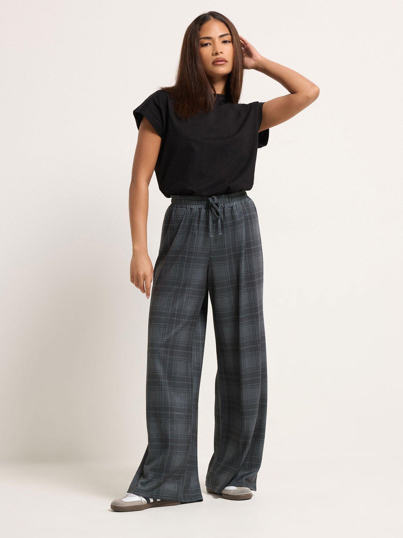 Image 3 of 4 of PixieGirl Petite Brushed Check Wide Leg Trousers - Grey
