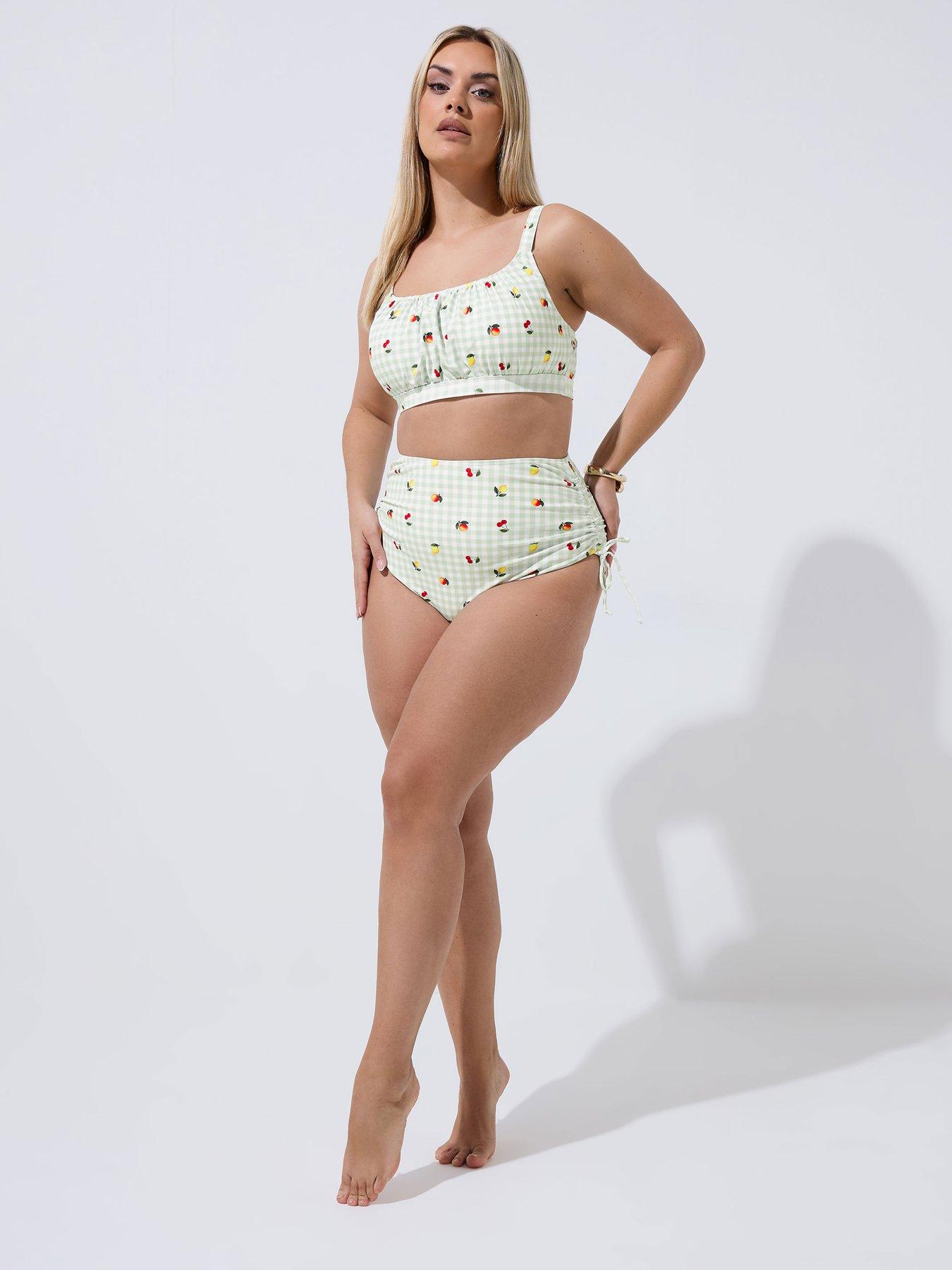 Image 3 of 5 of Yours Curve Gingham Fruit Print Bikini Top - Green