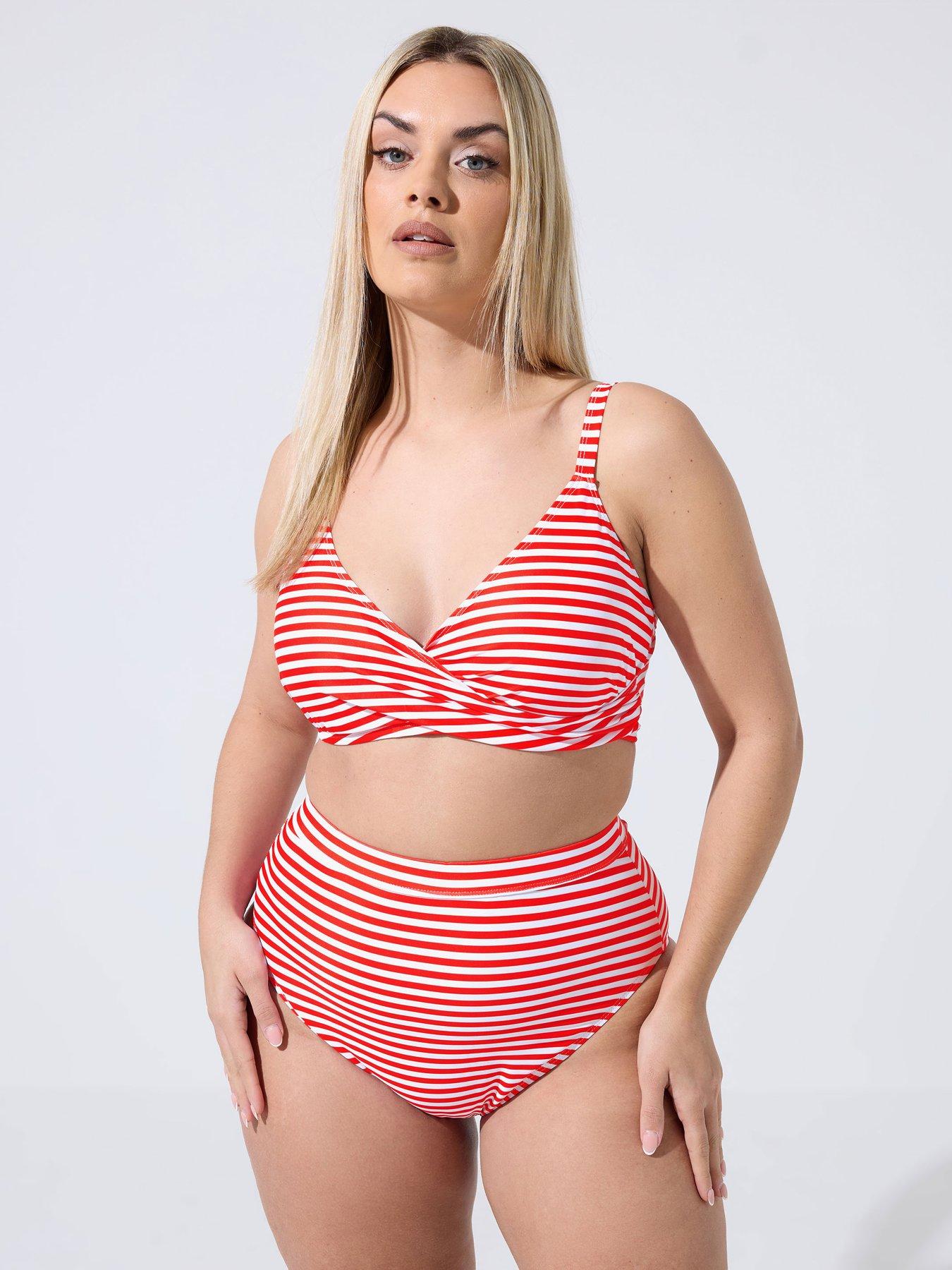 Yours Curve Striped Bikini Twist Top - Red