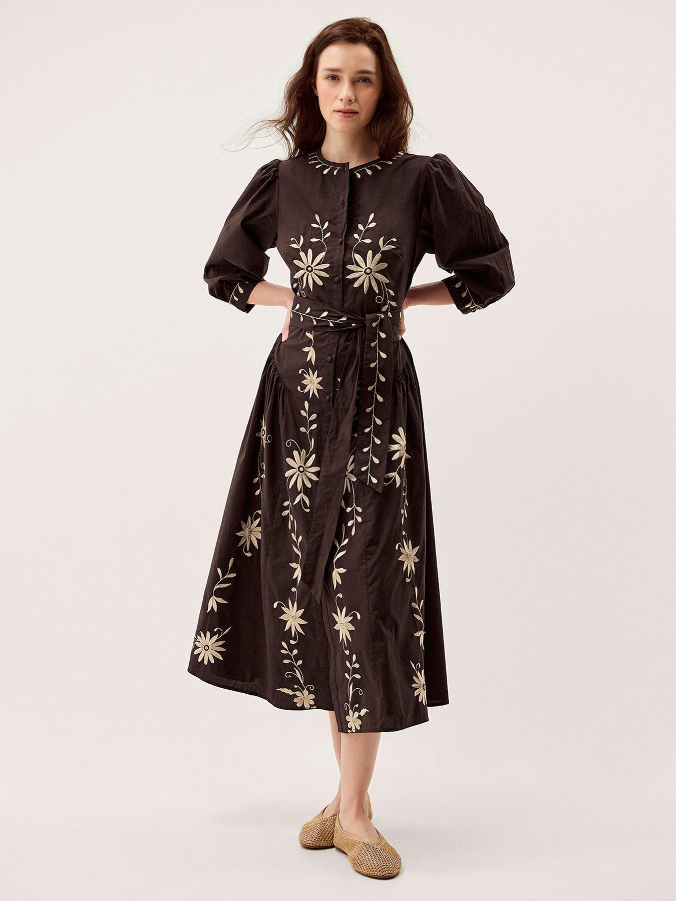 Image 1 of 6 of Monsoon Eloise Embroidered Dress - Brown