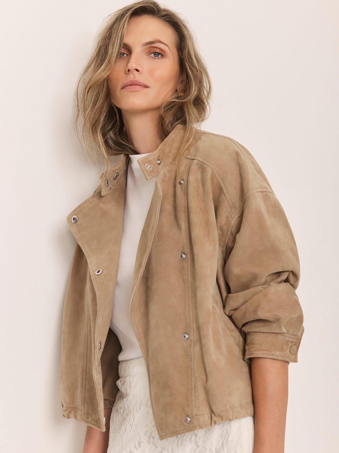 Image 1 of 6 of Mint Velvet Suede Cropped Pilot Bomber Jacket - Beige