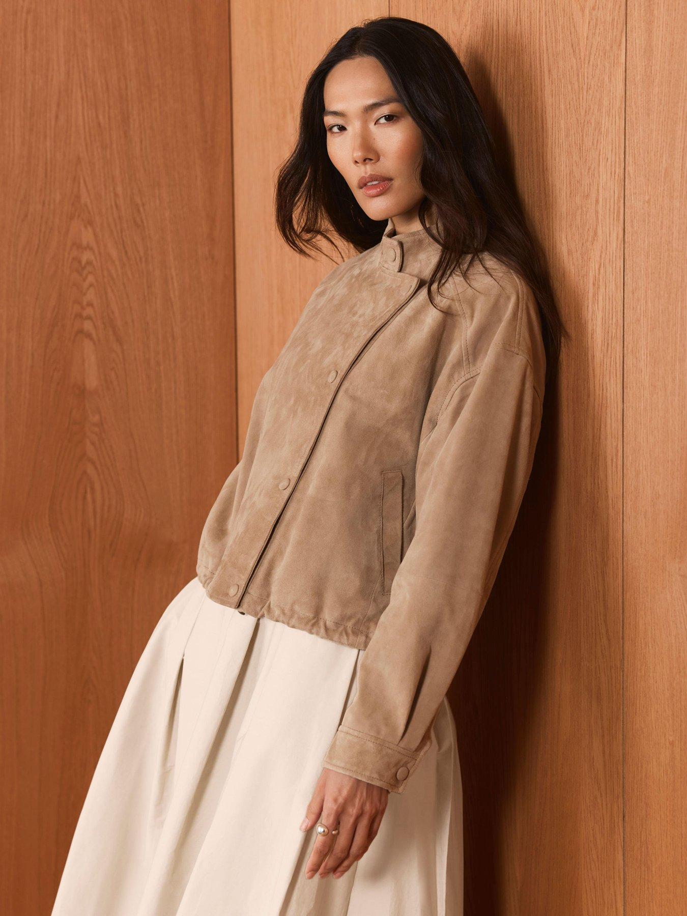 Image 2 of 6 of Mint Velvet Suede Cropped Pilot Bomber Jacket - Beige