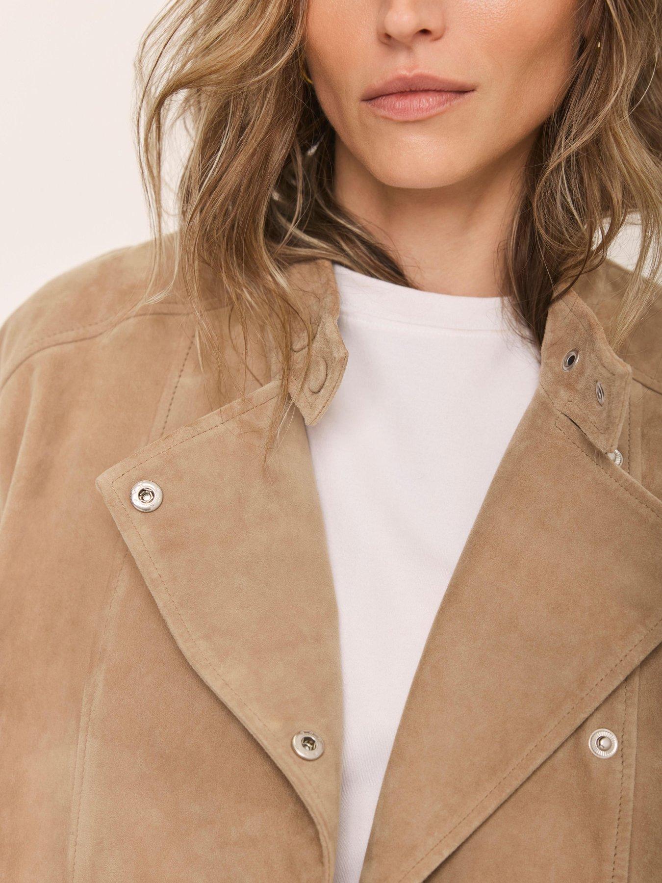 Image 4 of 6 of Mint Velvet Suede Cropped Pilot Bomber Jacket - Beige