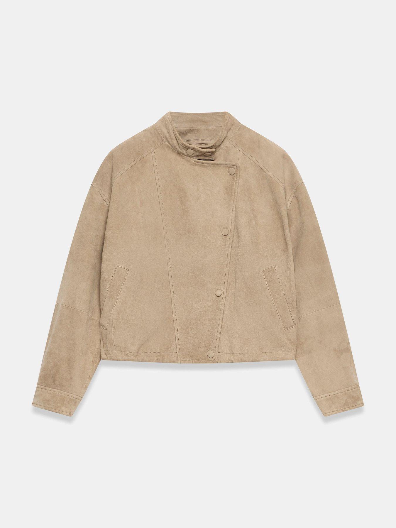 Image 5 of 6 of Mint Velvet Suede Cropped Pilot Bomber Jacket - Beige
