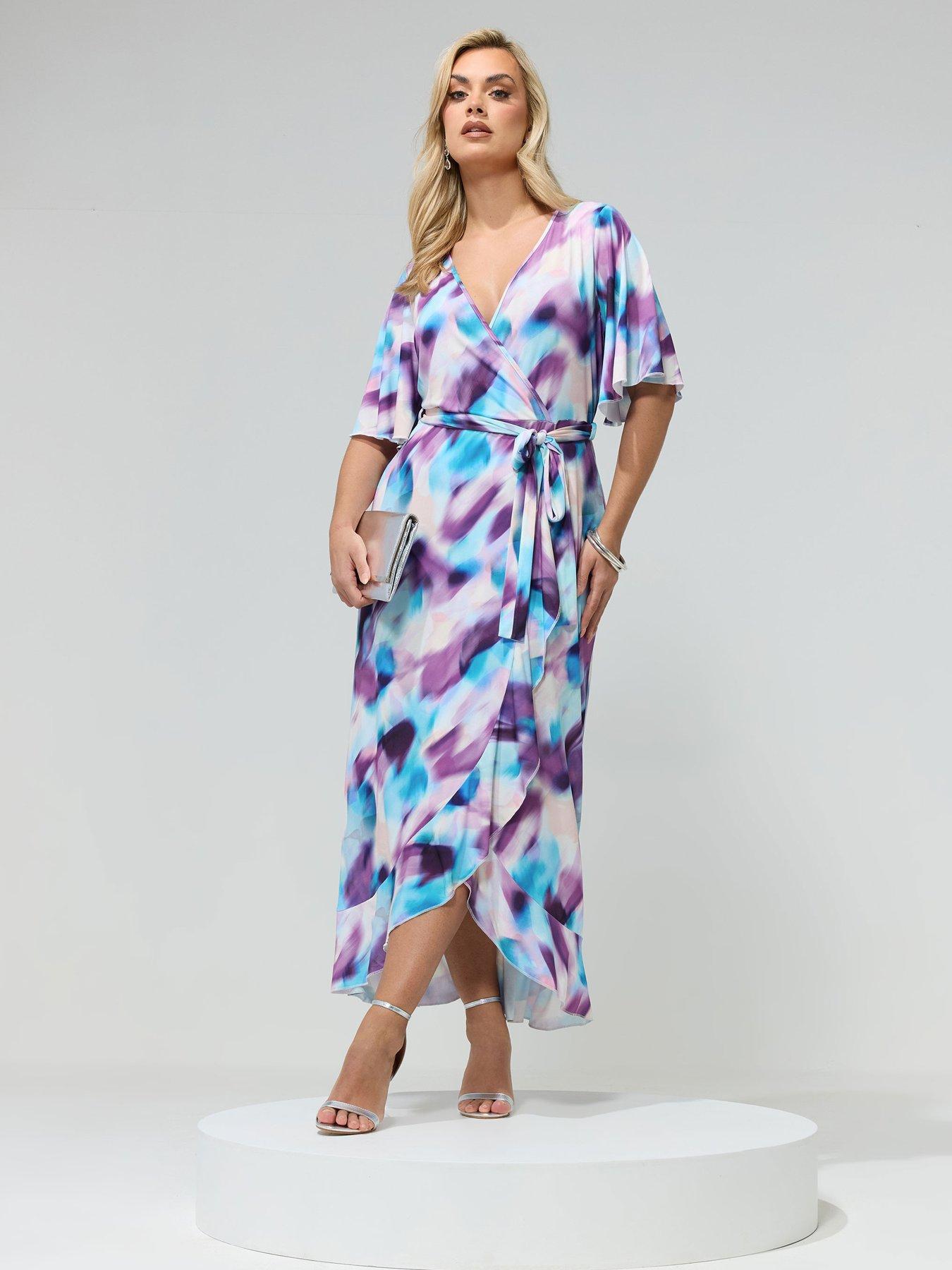 Yours Curve Blur Wrap Ruffle Dress - Purple
