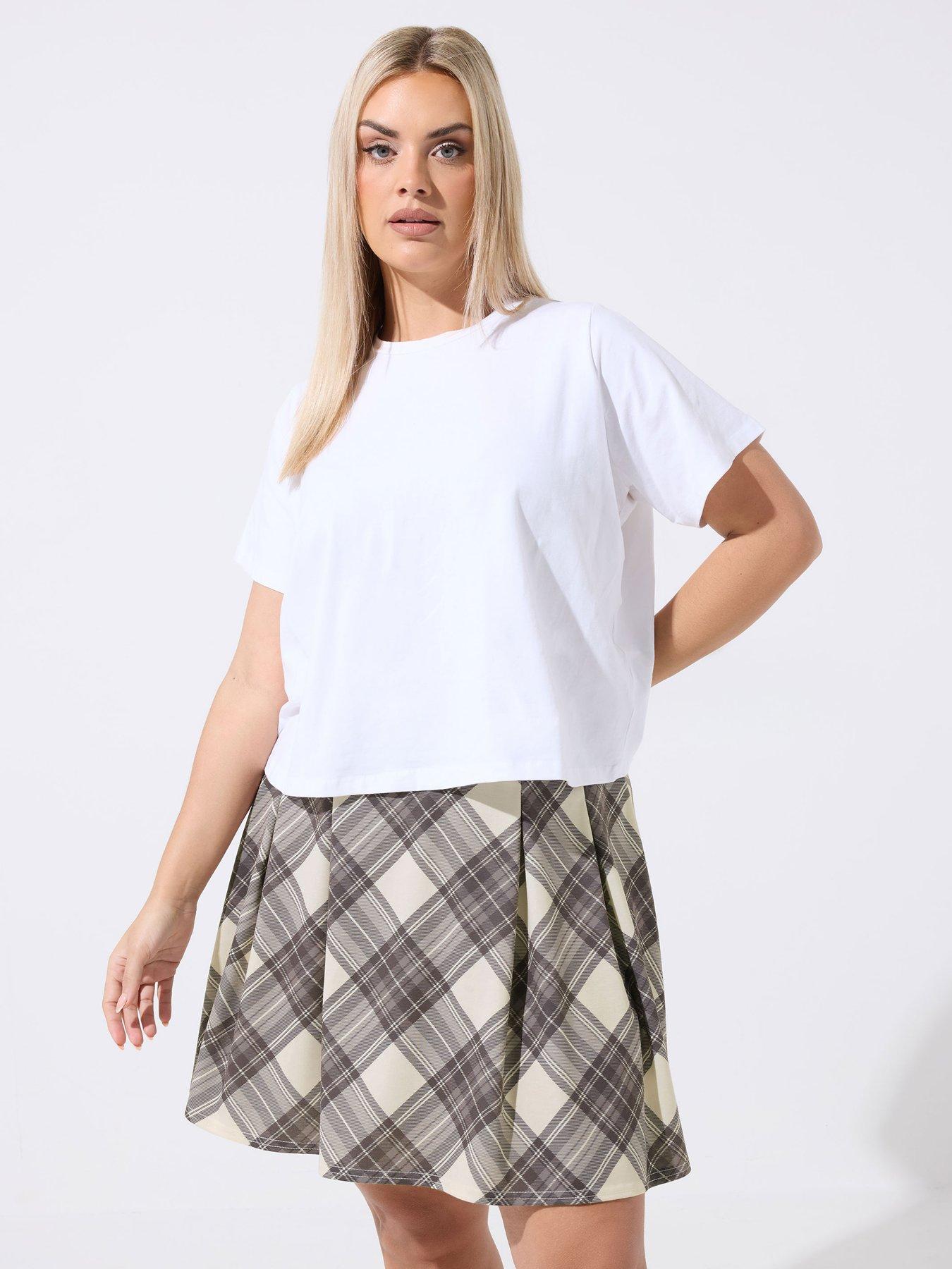Yours Curve Check Pleat Skirt - Cream