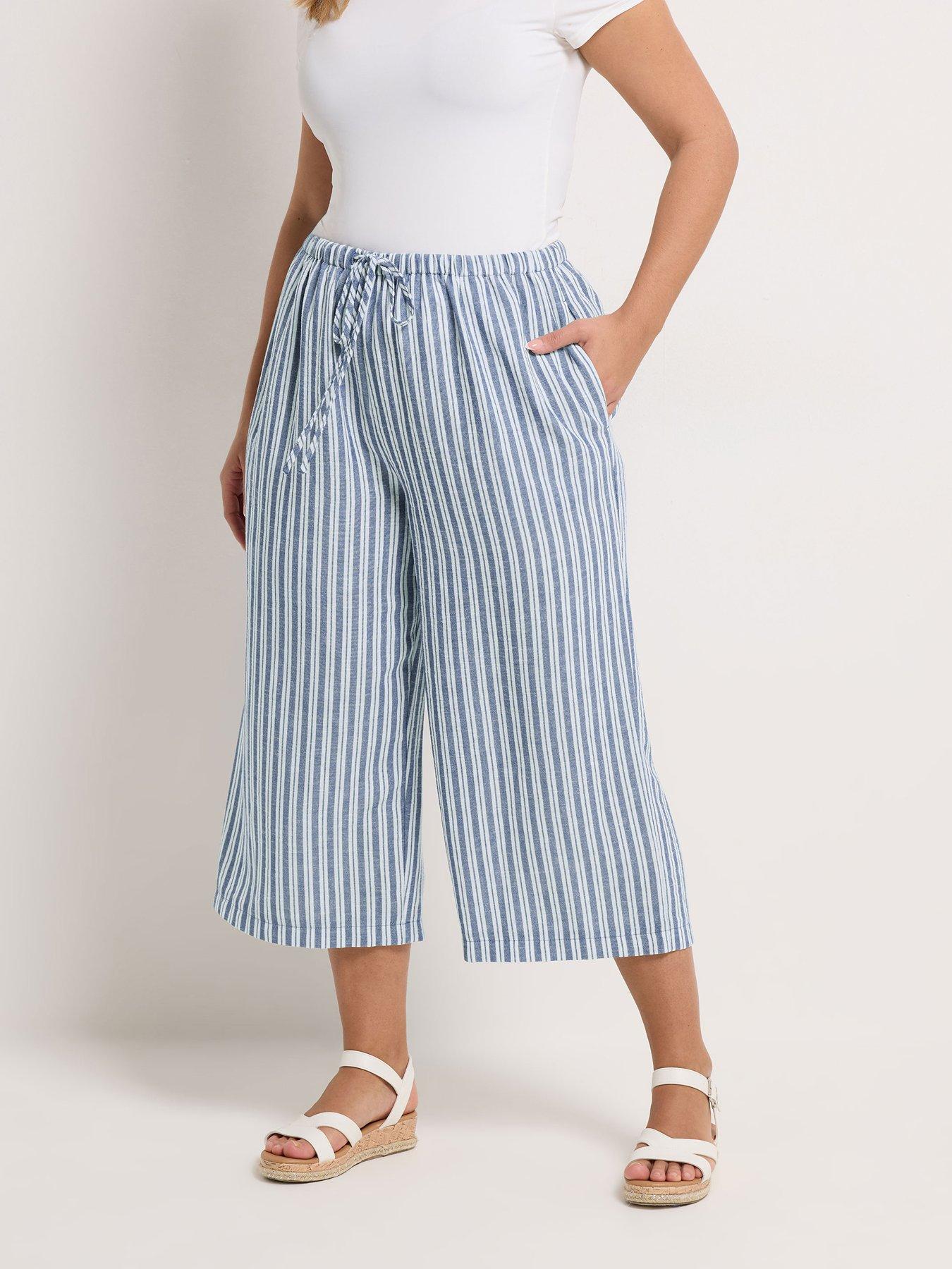 Yours Curve Linen Look Skinny Waist Cropped Trousers - Blue