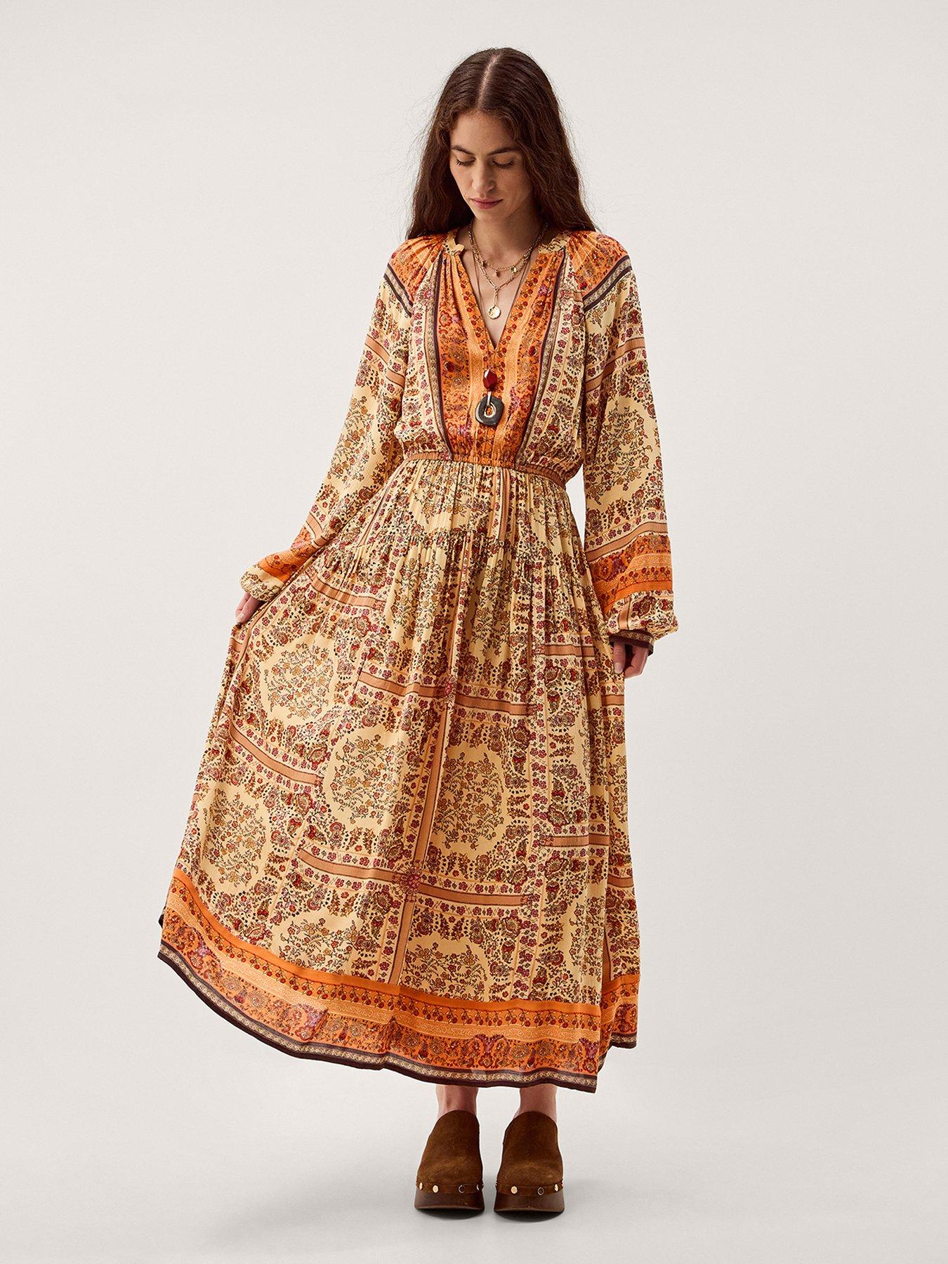 front image of monsoon-ines-print-midi-dress-stone