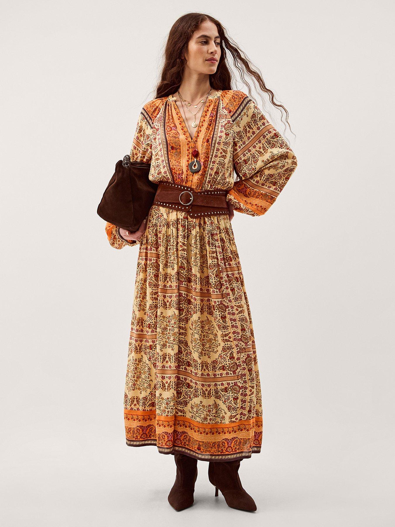  image of monsoon-ines-print-midi-dress-stone