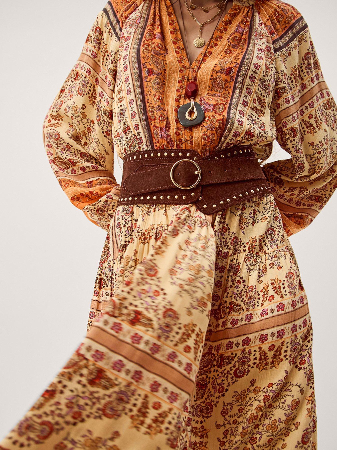  image of monsoon-ines-print-midi-dress-stone