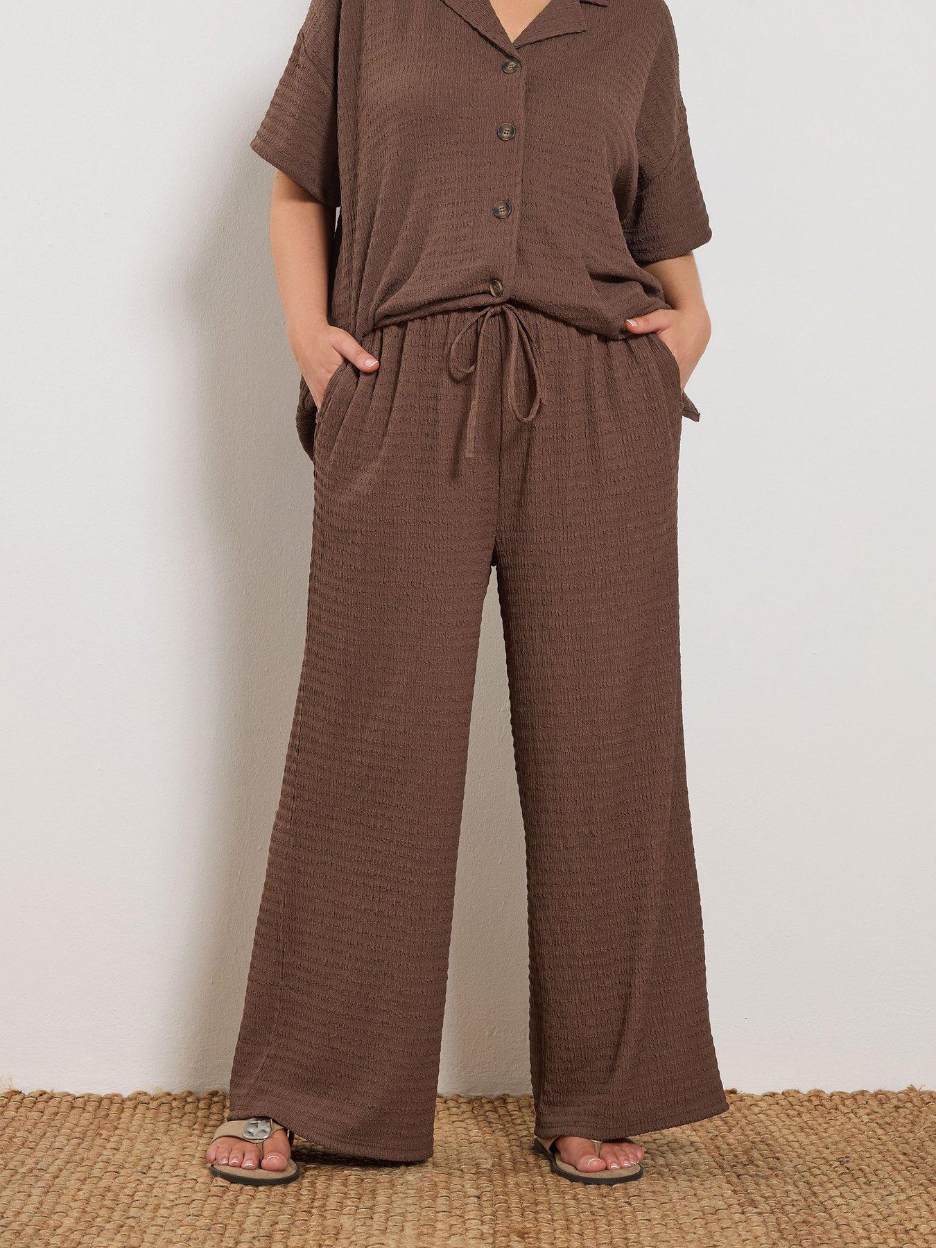 Yours Curve Wide Leg Textured Trousers - Brown