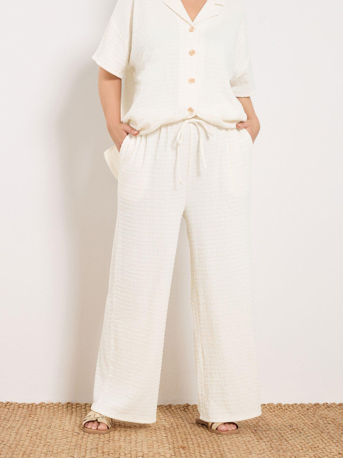 Yours Curve Wide Leg Textured Trousers - Cream