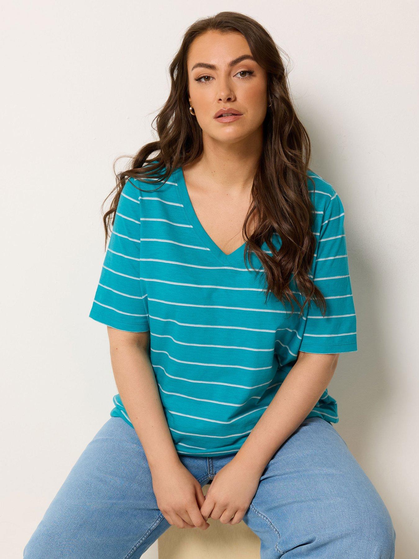 Yours Curve V-Neck Stripe T-Shirt - Blue