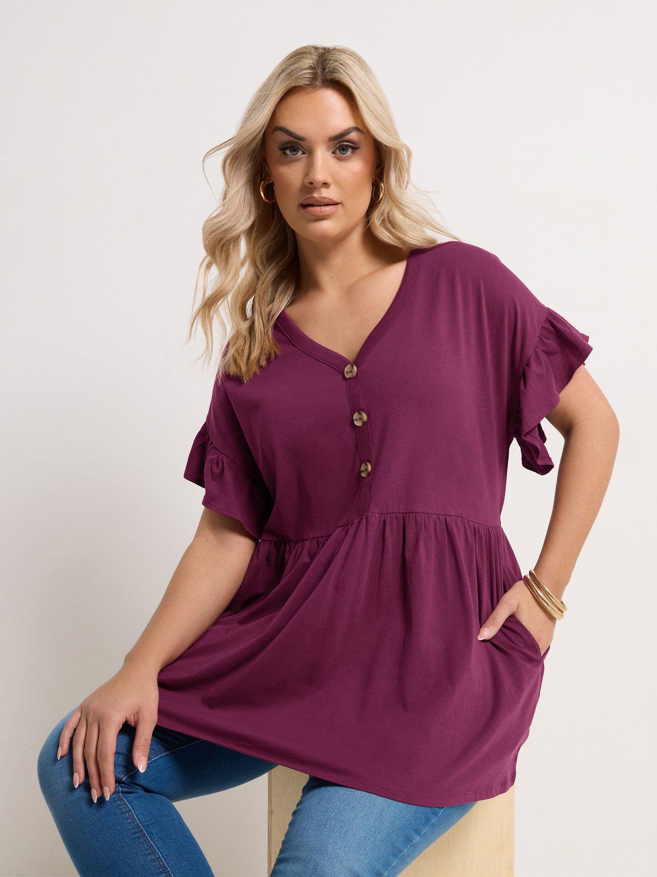Yours Curve Frill Sleeve Button Peplum Top - Purple