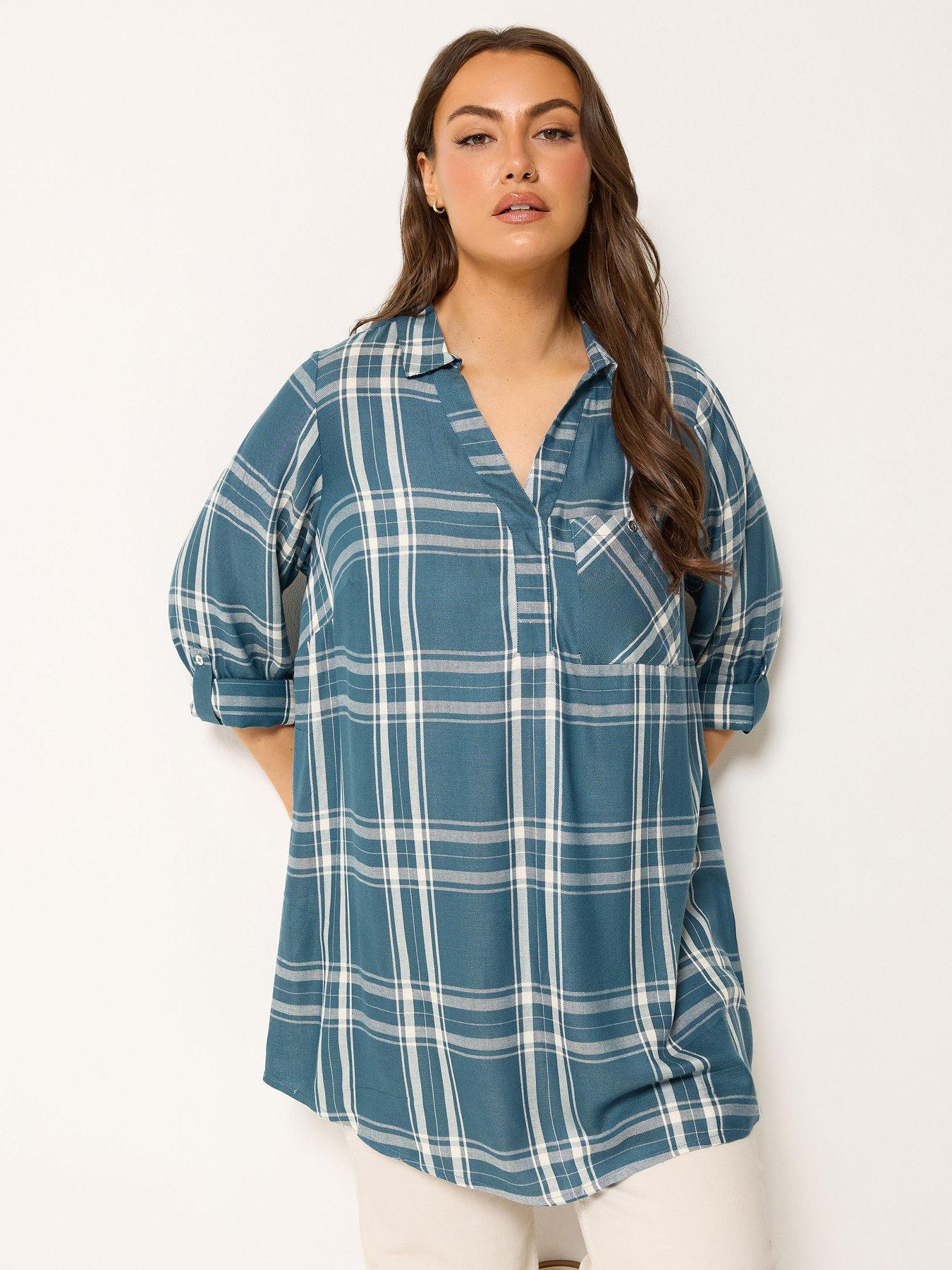 Yours Curve Overhead Check Blouse - Blue