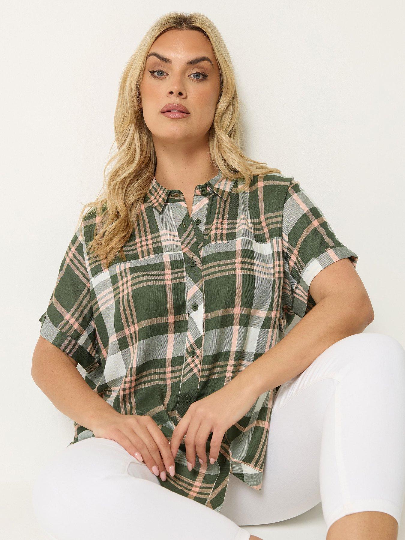 Yours Curve Short Sleeve Check Shirt - Green