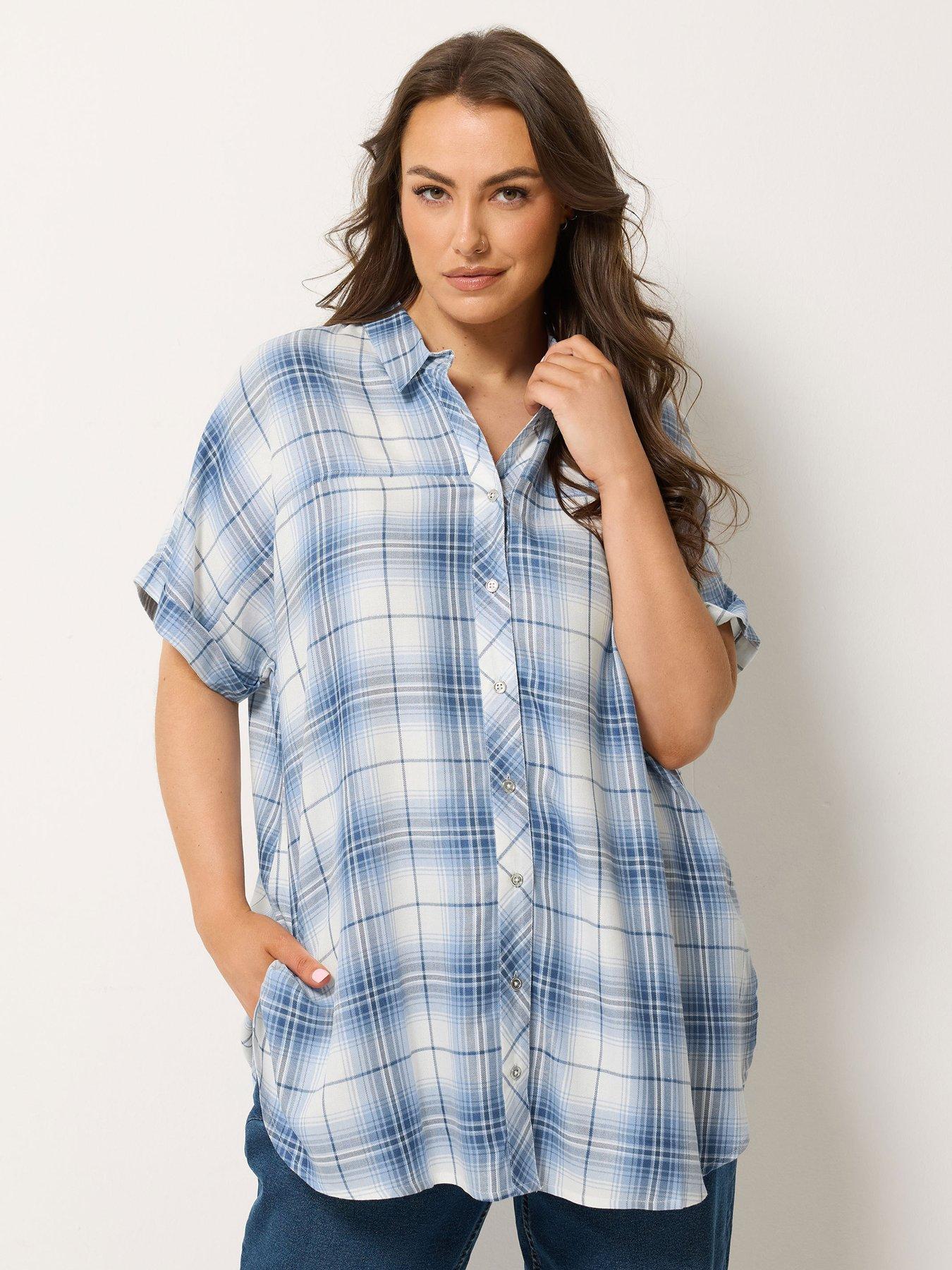 Yours Curve Short Sleeve Check Shirt - Blue