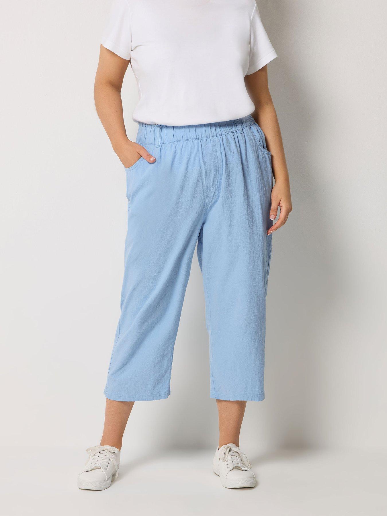 Yours Curve Cool Cotton Cropped Trouser - Blue