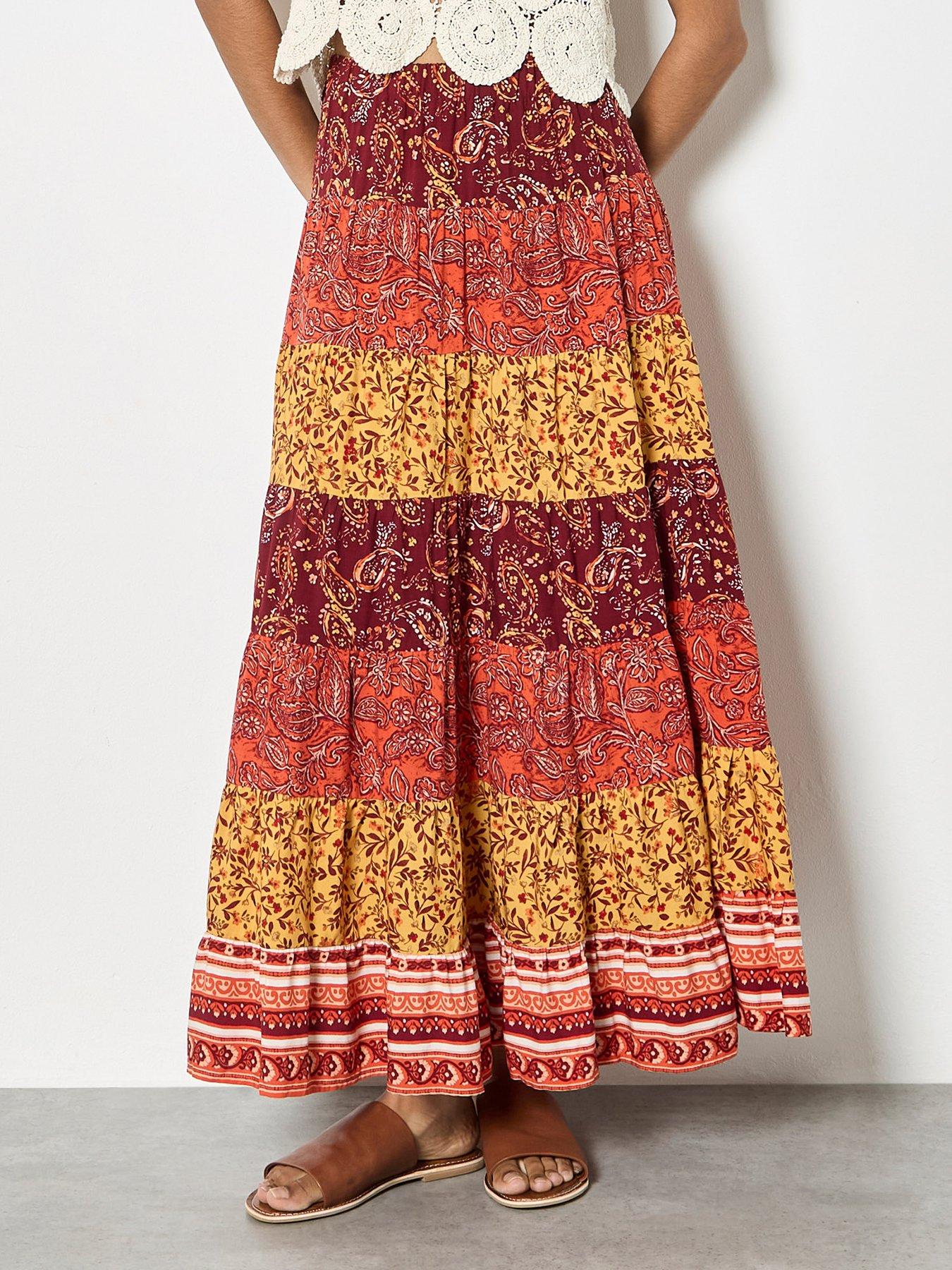 front image of apricot-apricot-multi-tier-patchwork-print-skirt