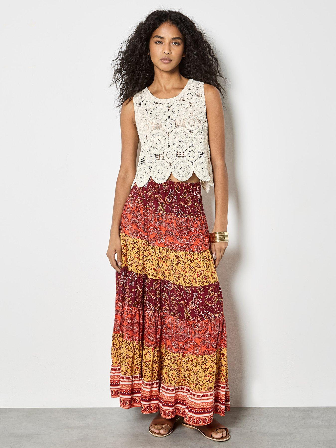  image of apricot-apricot-multi-tier-patchwork-print-skirt
