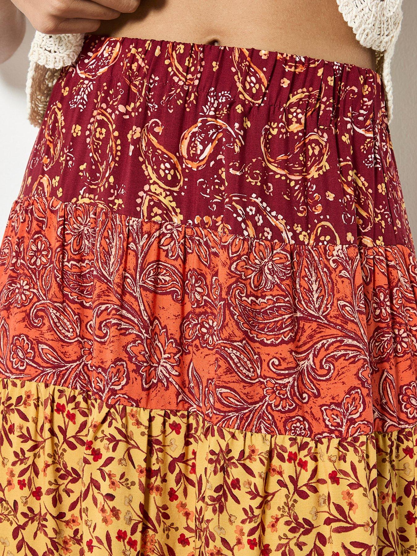  image of apricot-apricot-multi-tier-patchwork-print-skirt