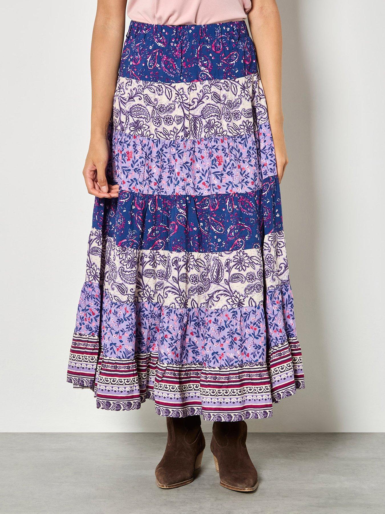 front image of apricot-apricot-multi-tier-patchwork-print-skirt