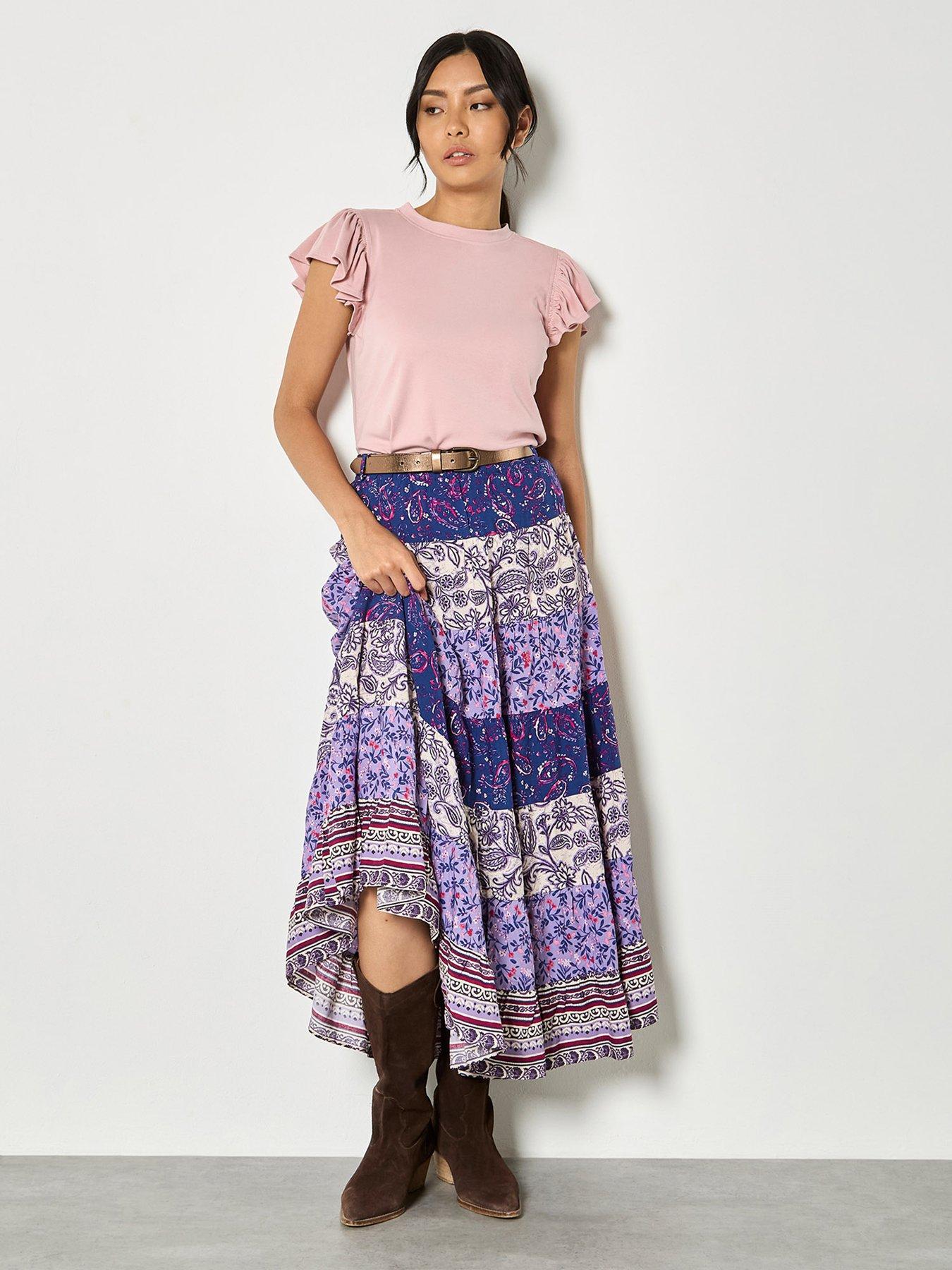  image of apricot-apricot-multi-tier-patchwork-print-skirt