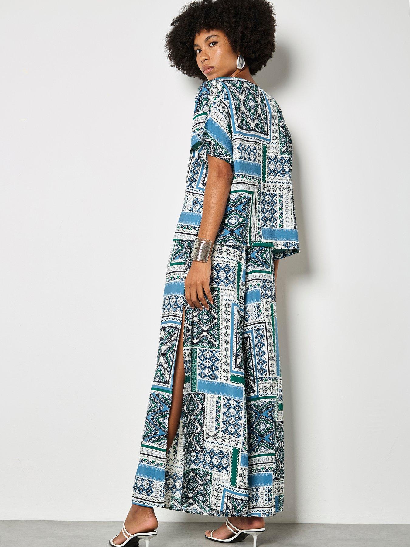  image of apricot-apricot-scarf-print-side-split-trousers
