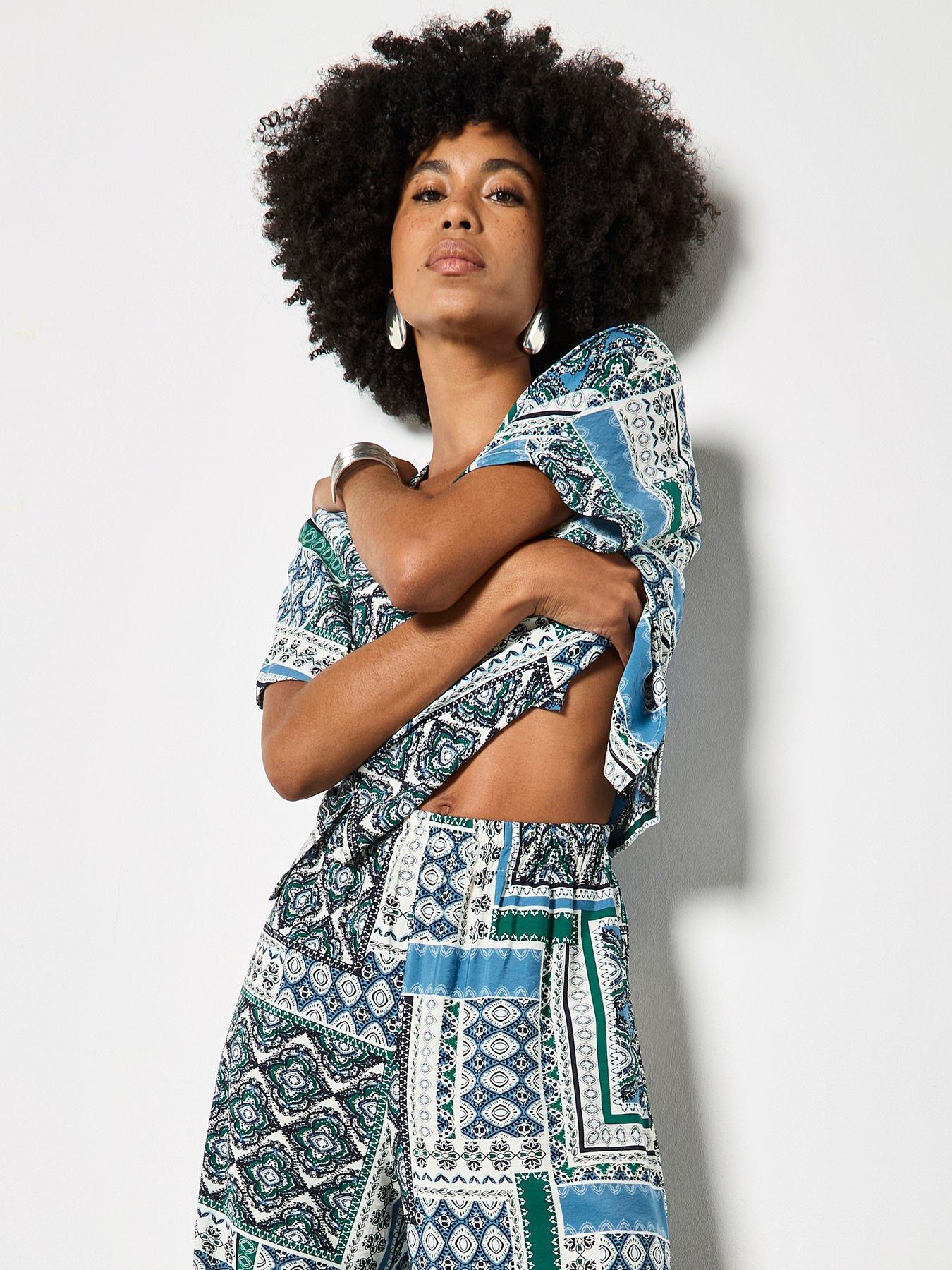  image of apricot-apricot-scarf-print-side-split-trousers