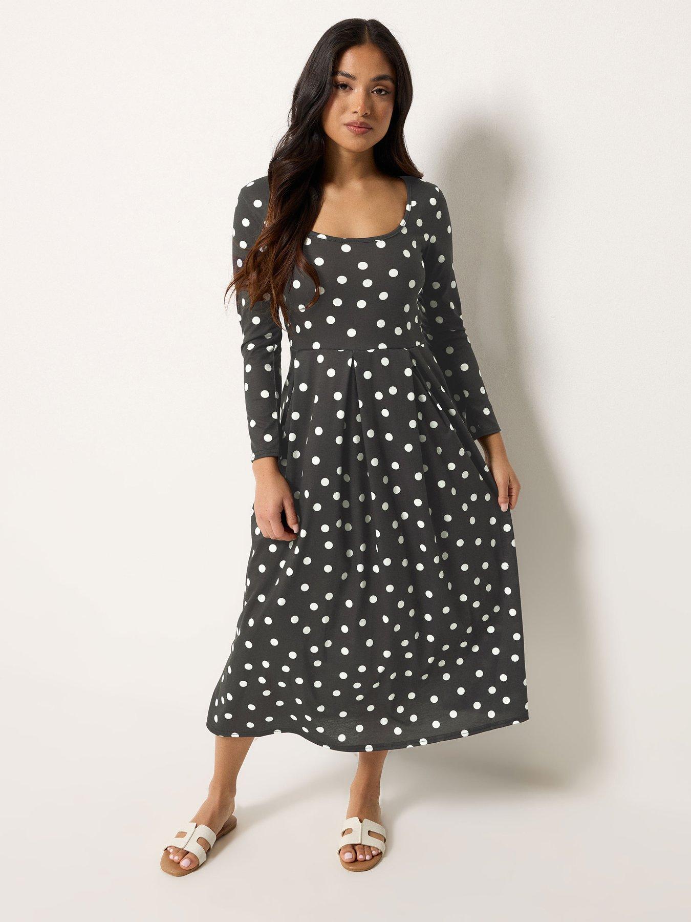 pixiegirl-petite-spot-print-long-sleeve-pleat-waist-maxi-dress-black