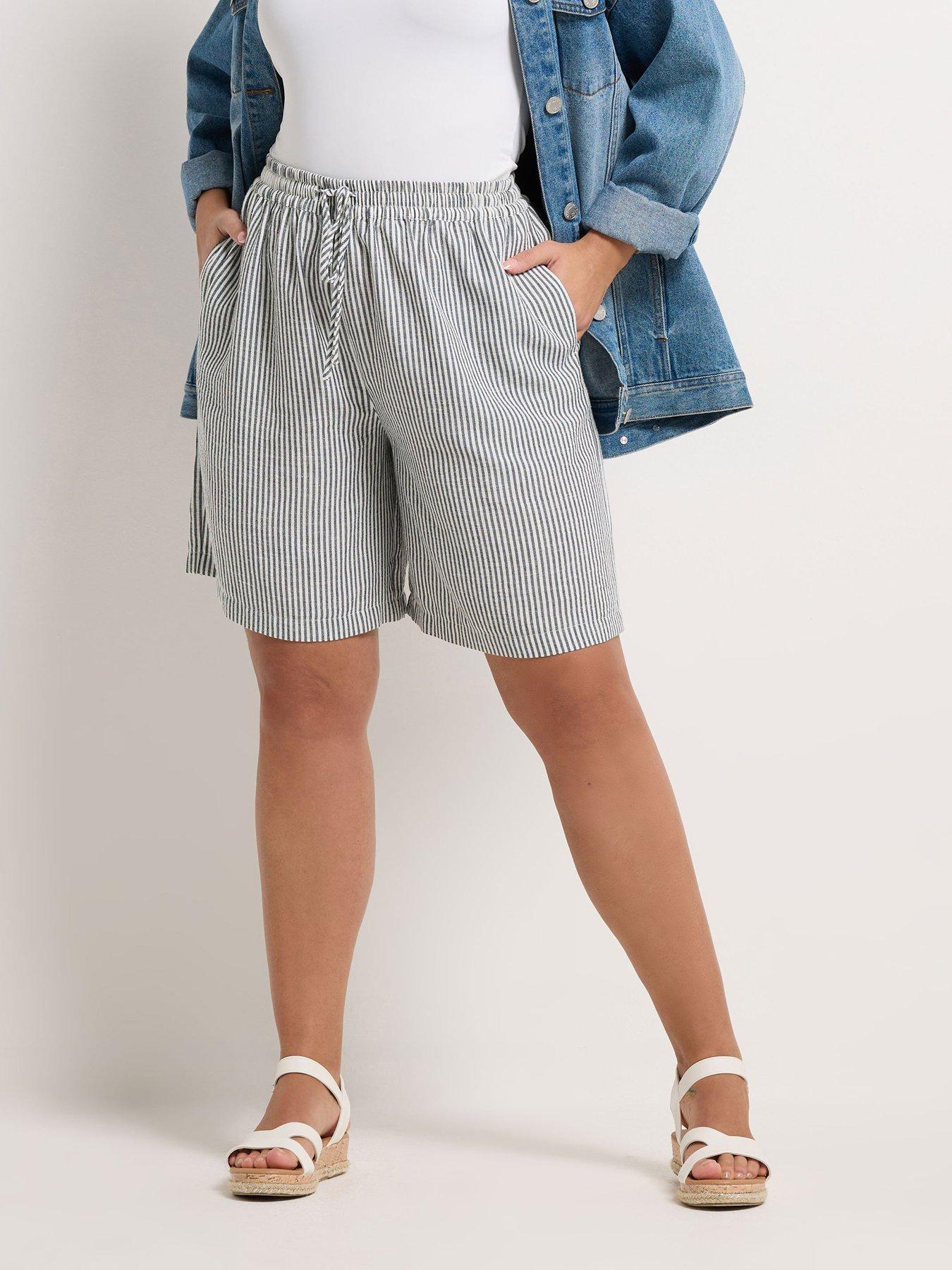 Yours Curve Linen Look Shorts - Blue