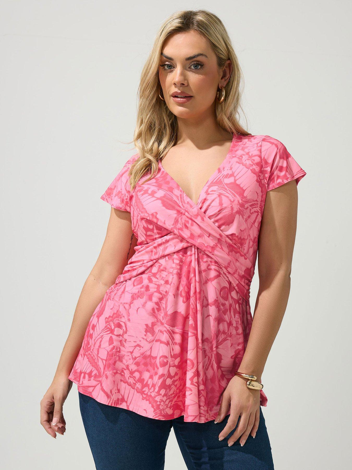 Image 1 of 5 of Yours Curve Abstract Butterfly Wrap Front Top - Pink