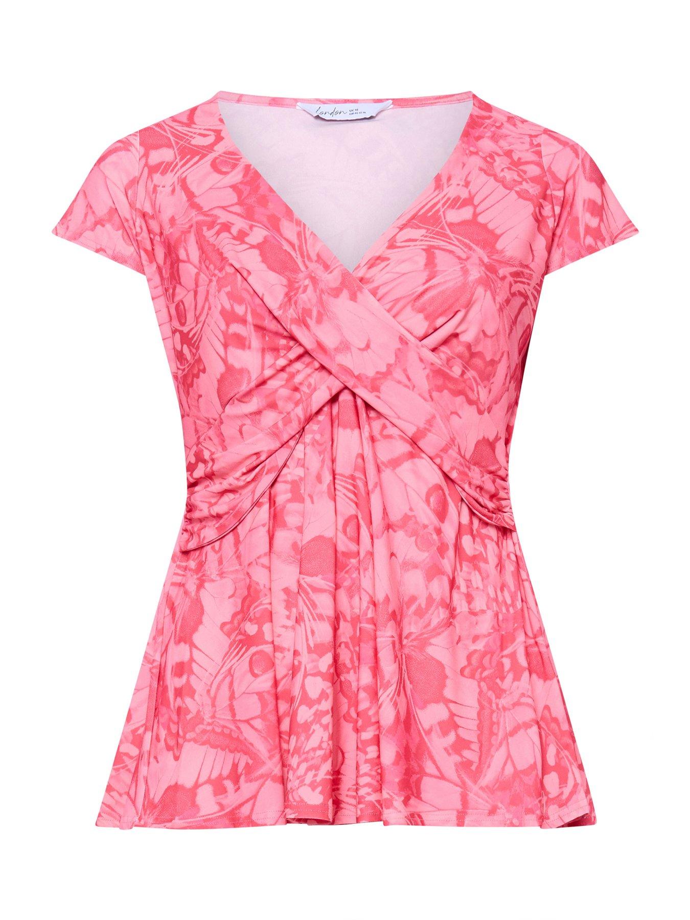 Image 5 of 5 of Yours Curve Abstract Butterfly Wrap Front Top - Pink