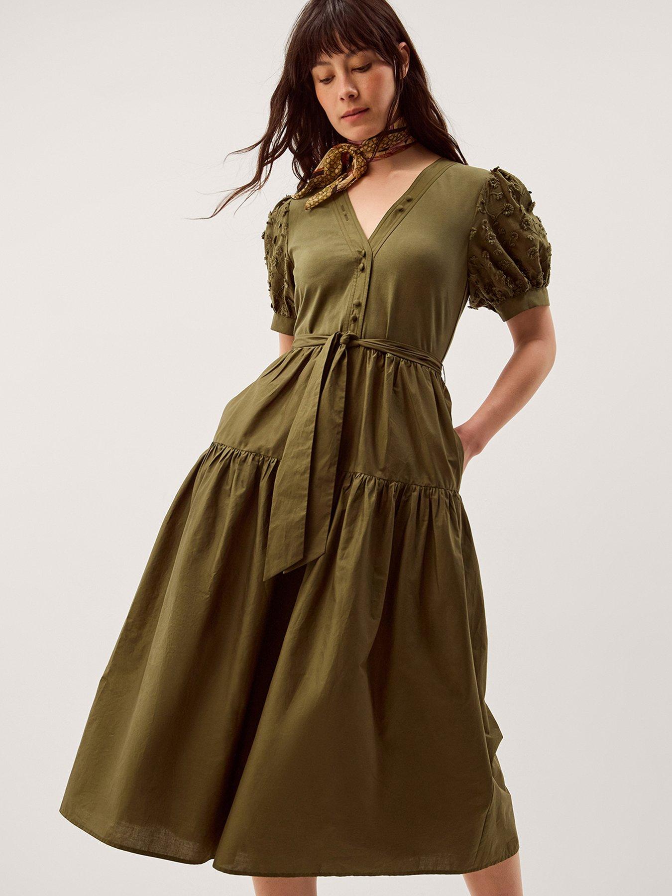 Monsoon Fawn Fabric Mix Dress - Green