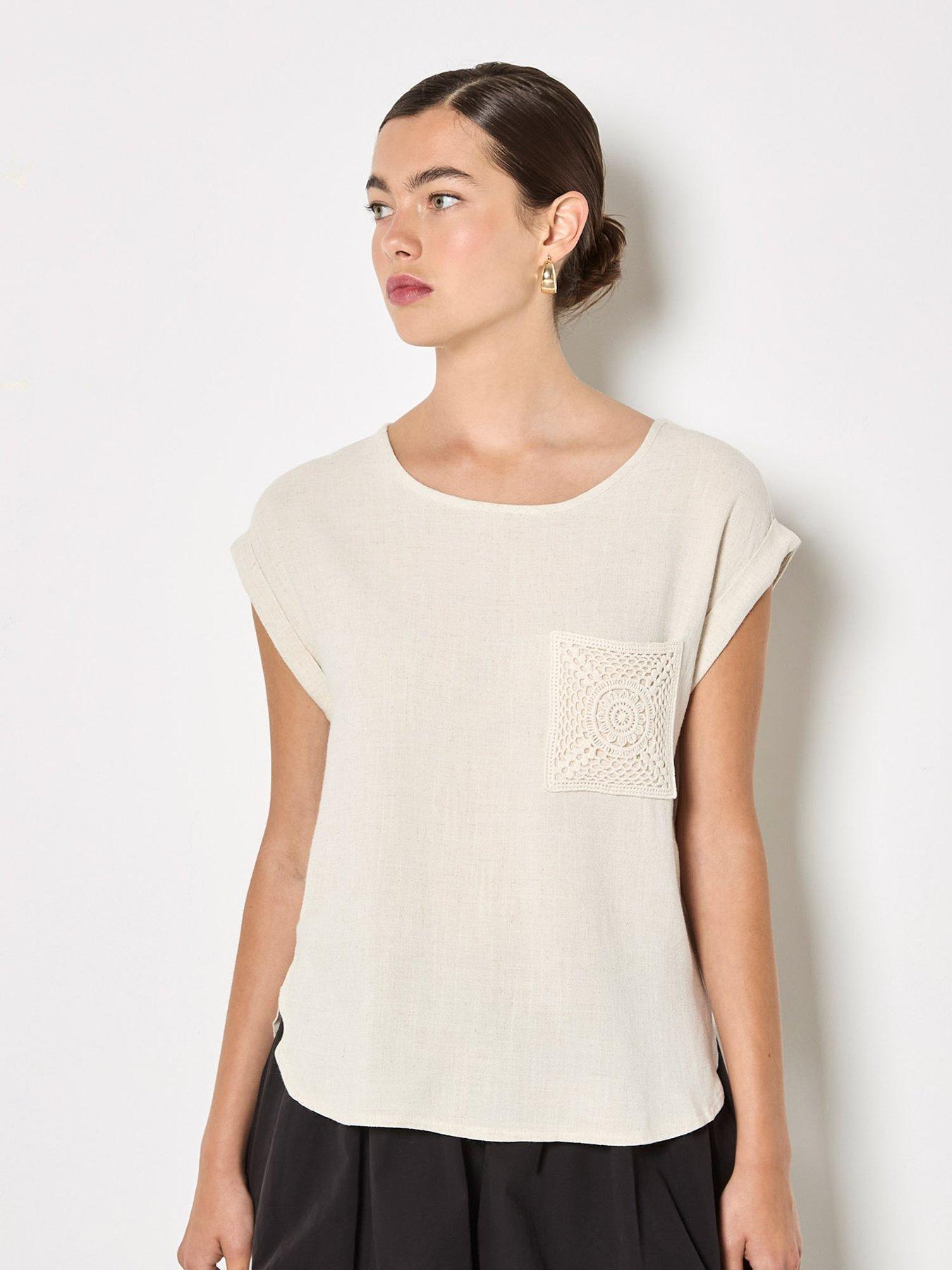 front image of apricot-crochet-pocket-turn-up-tee