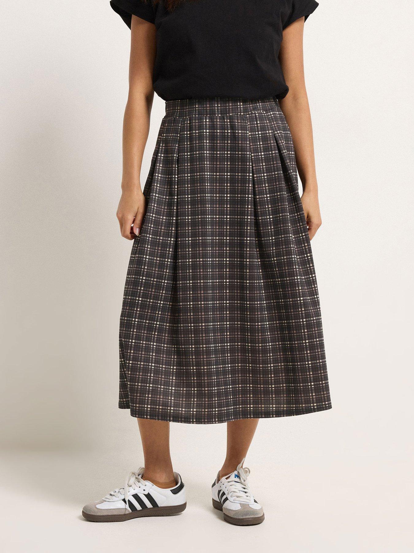  image of pixiegirl-petite-check-midi-skirt-brown