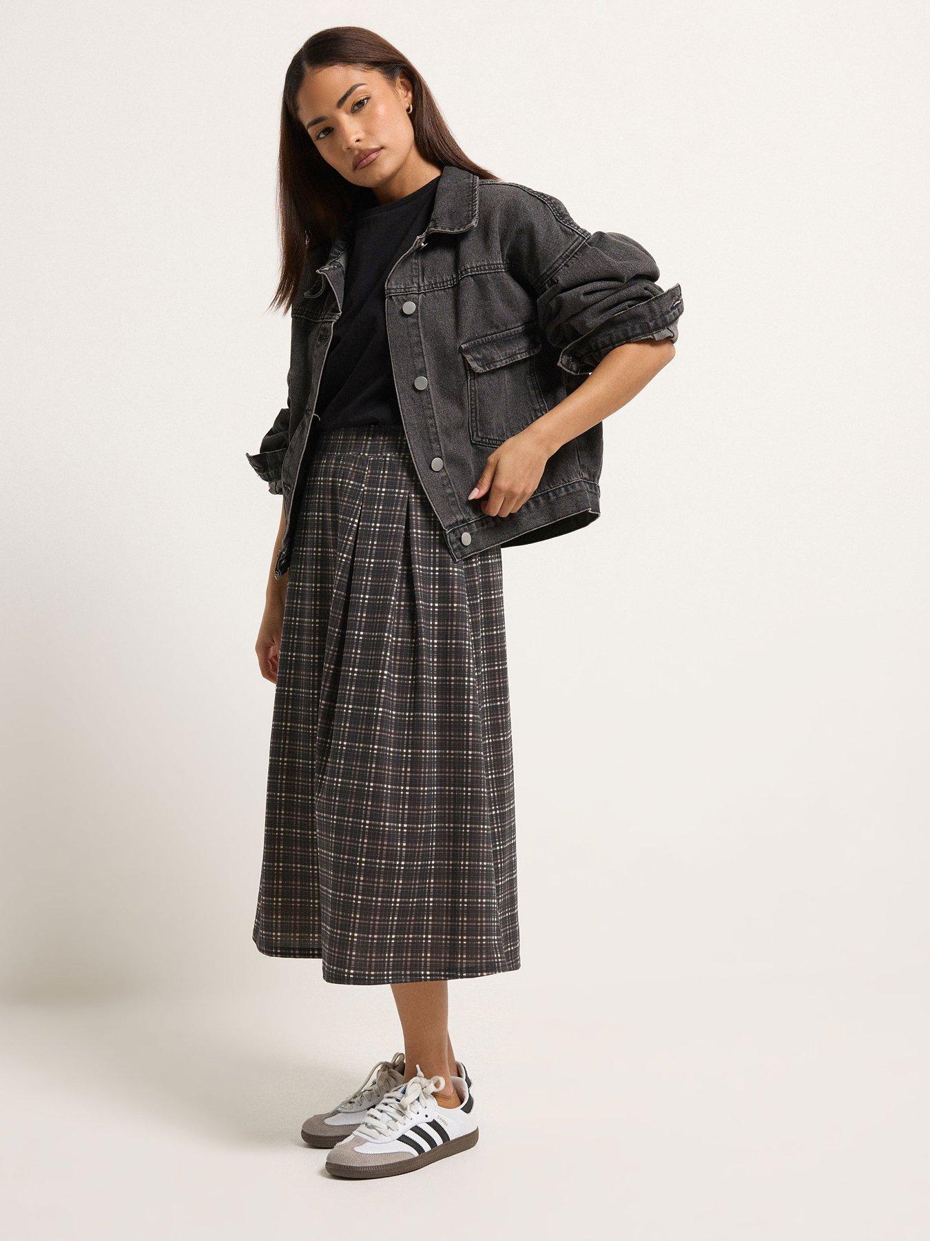  image of pixiegirl-petite-check-midi-skirt-brown