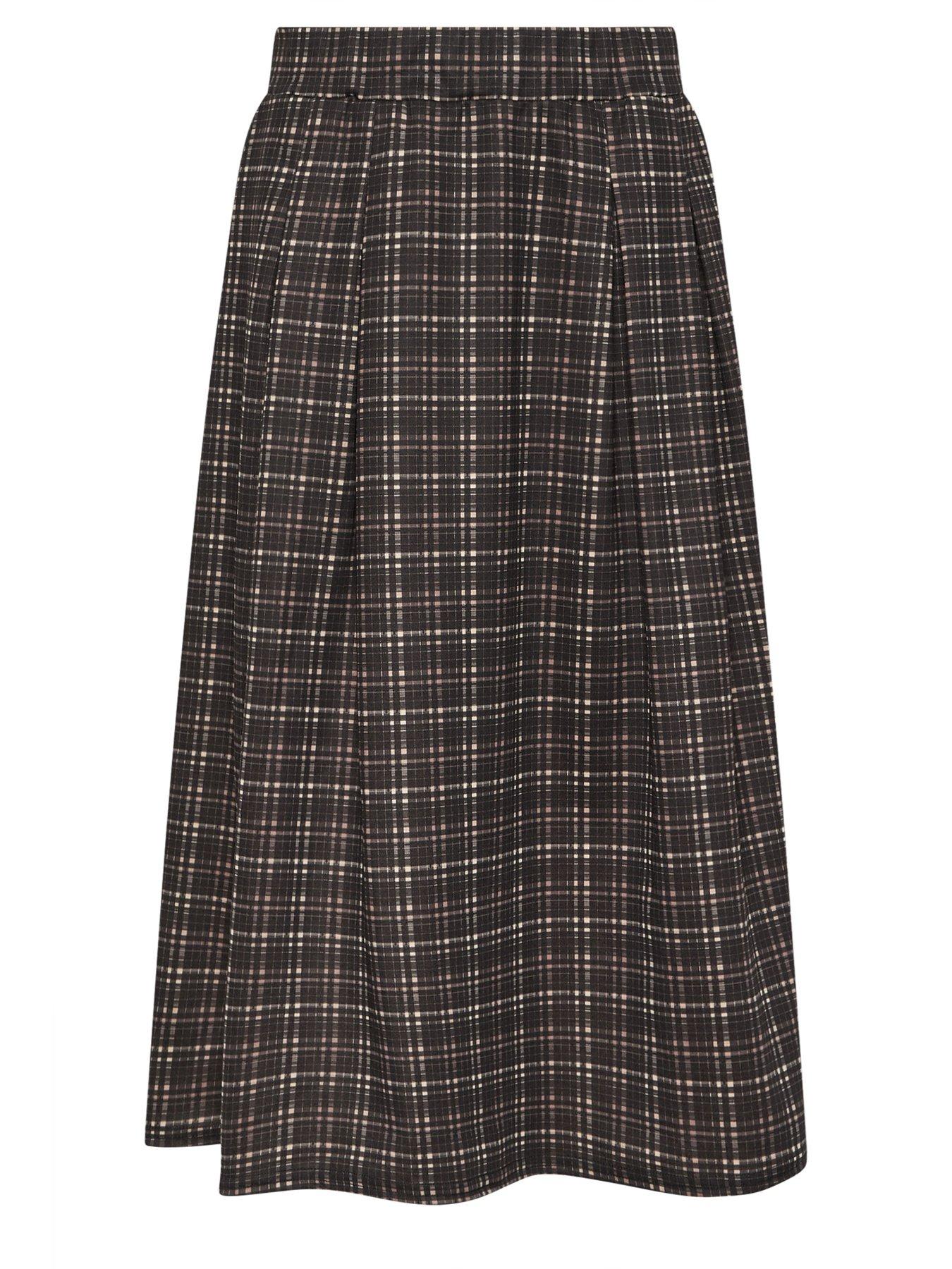  image of pixiegirl-petite-check-midi-skirt-brown