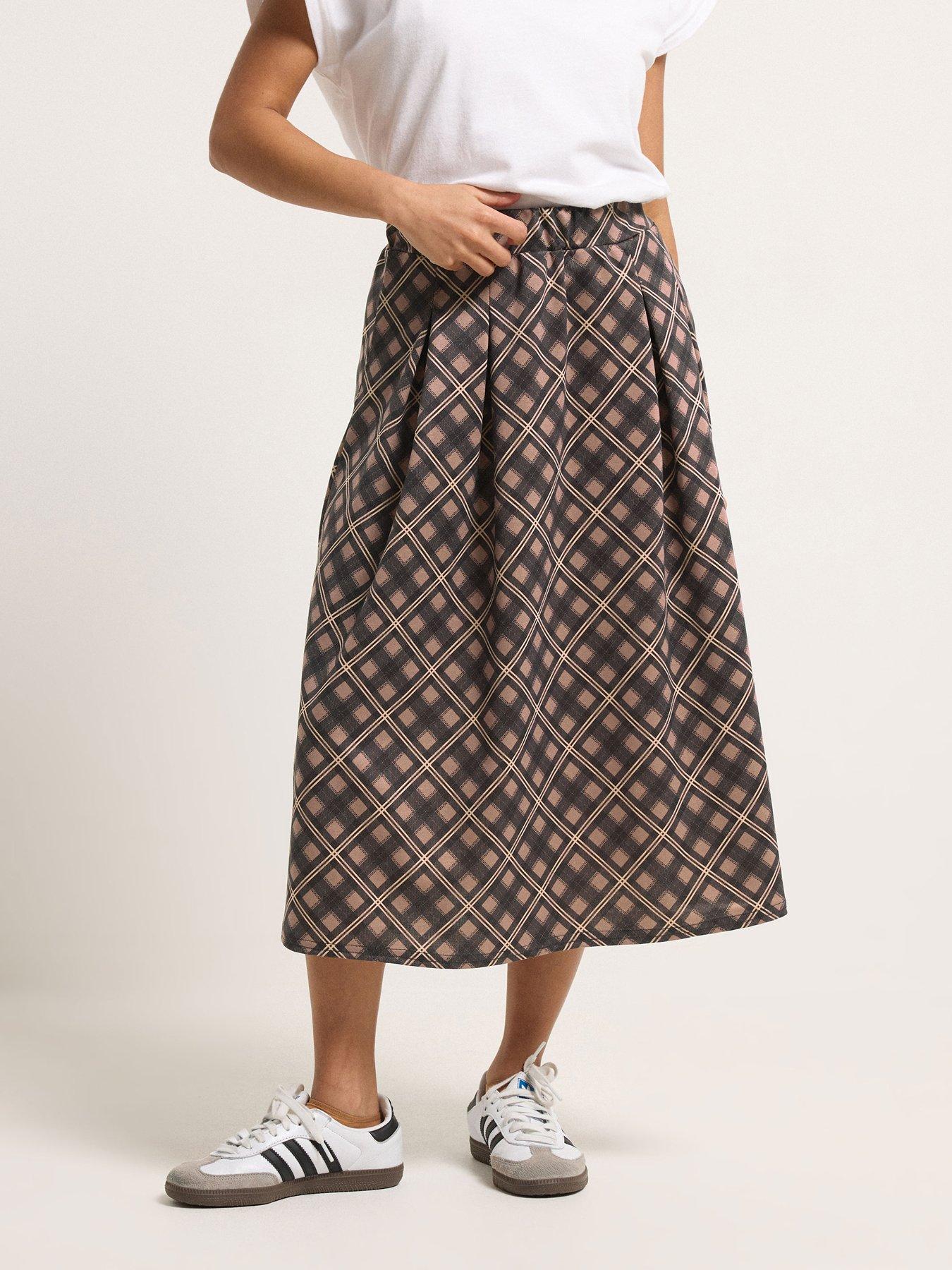  image of pixiegirl-petite-large-check-midi-skirt-brown