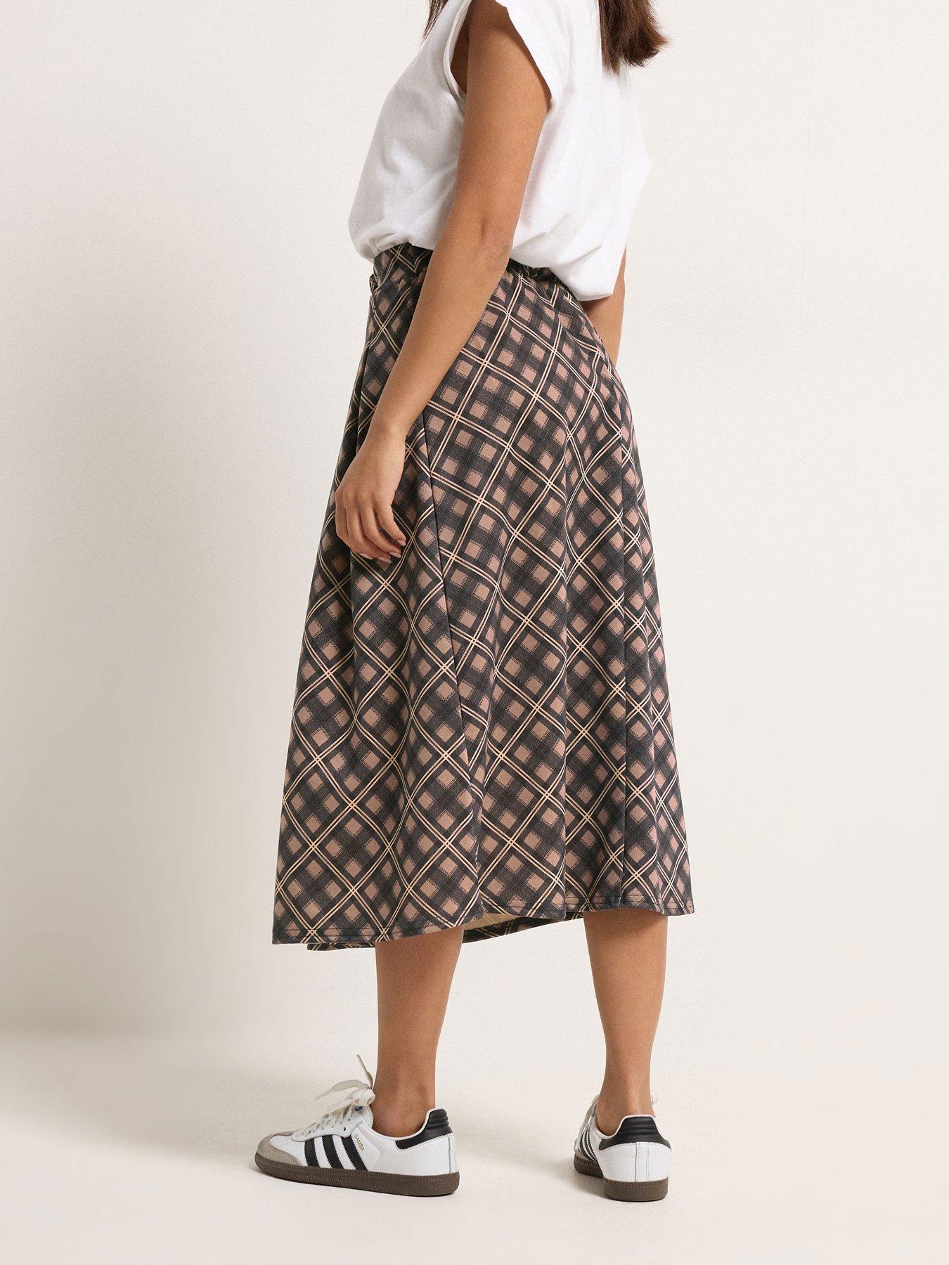 image of pixiegirl-petite-large-check-midi-skirt-brown