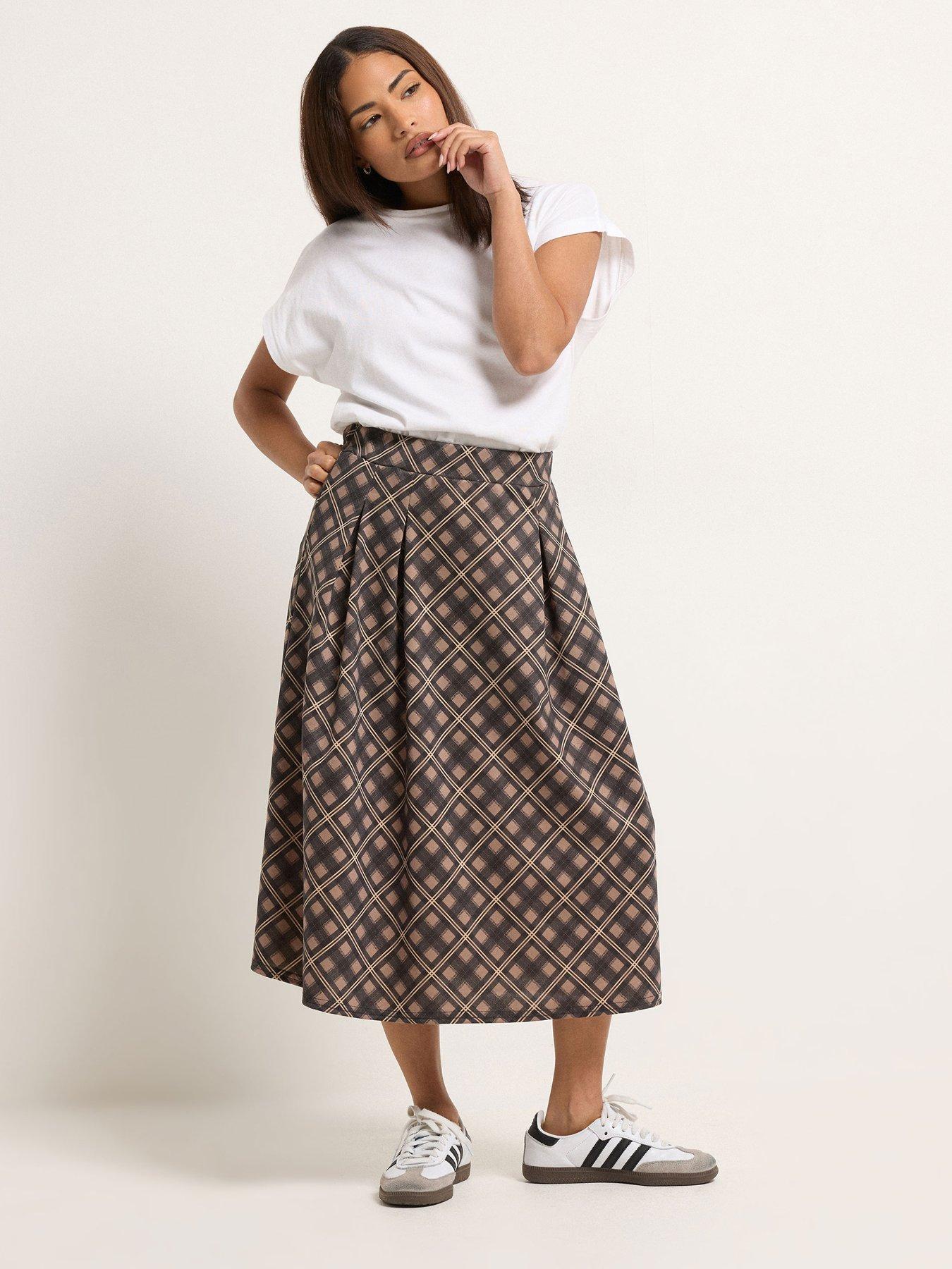  image of pixiegirl-petite-large-check-midi-skirt-brown