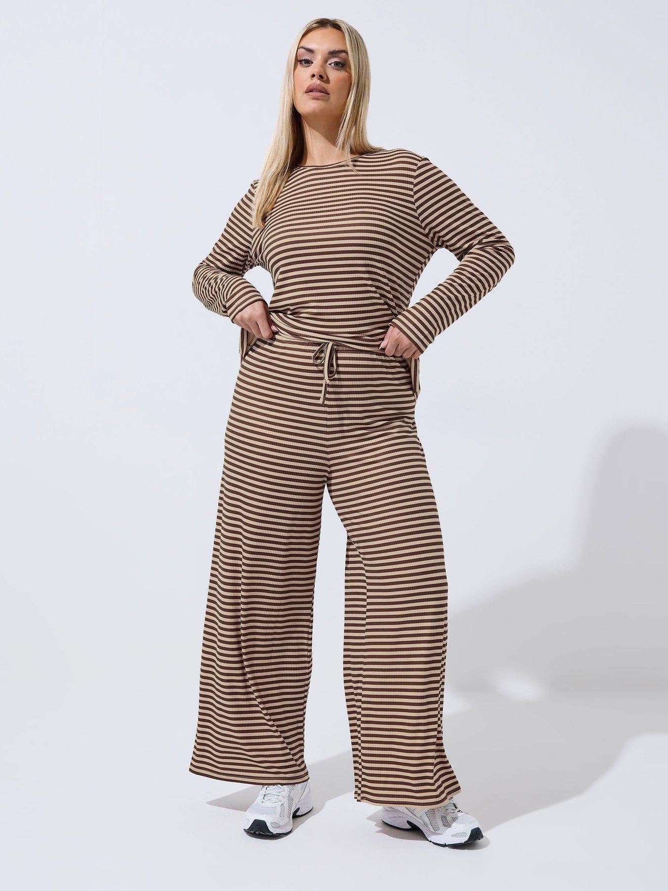 Image 3 of 5 of Yours Curve Stripe Printed Ribbed Trouser - Brown