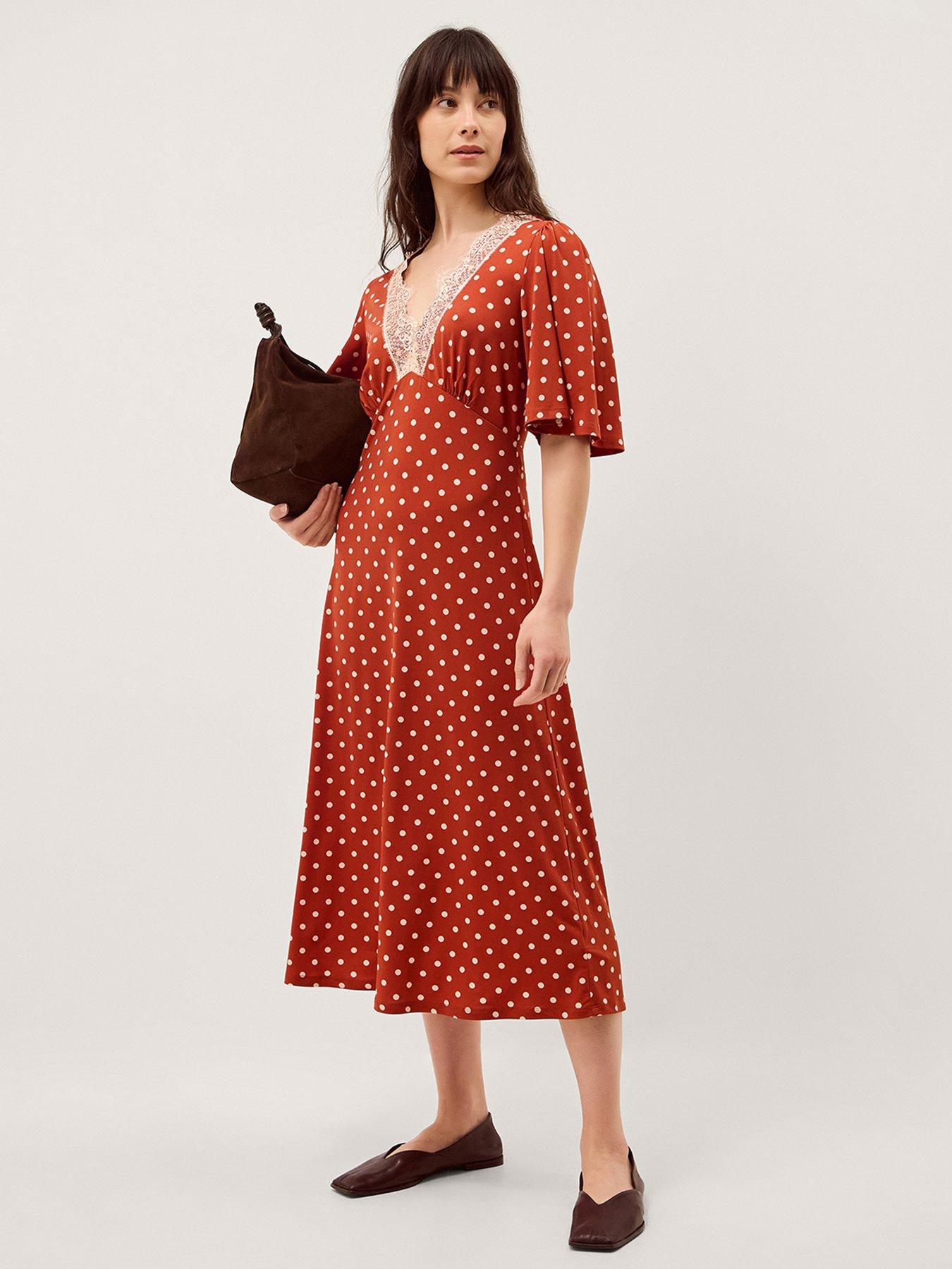 Image 1 of 5 of Monsoon Peri Spot Jersey Dress - Orange