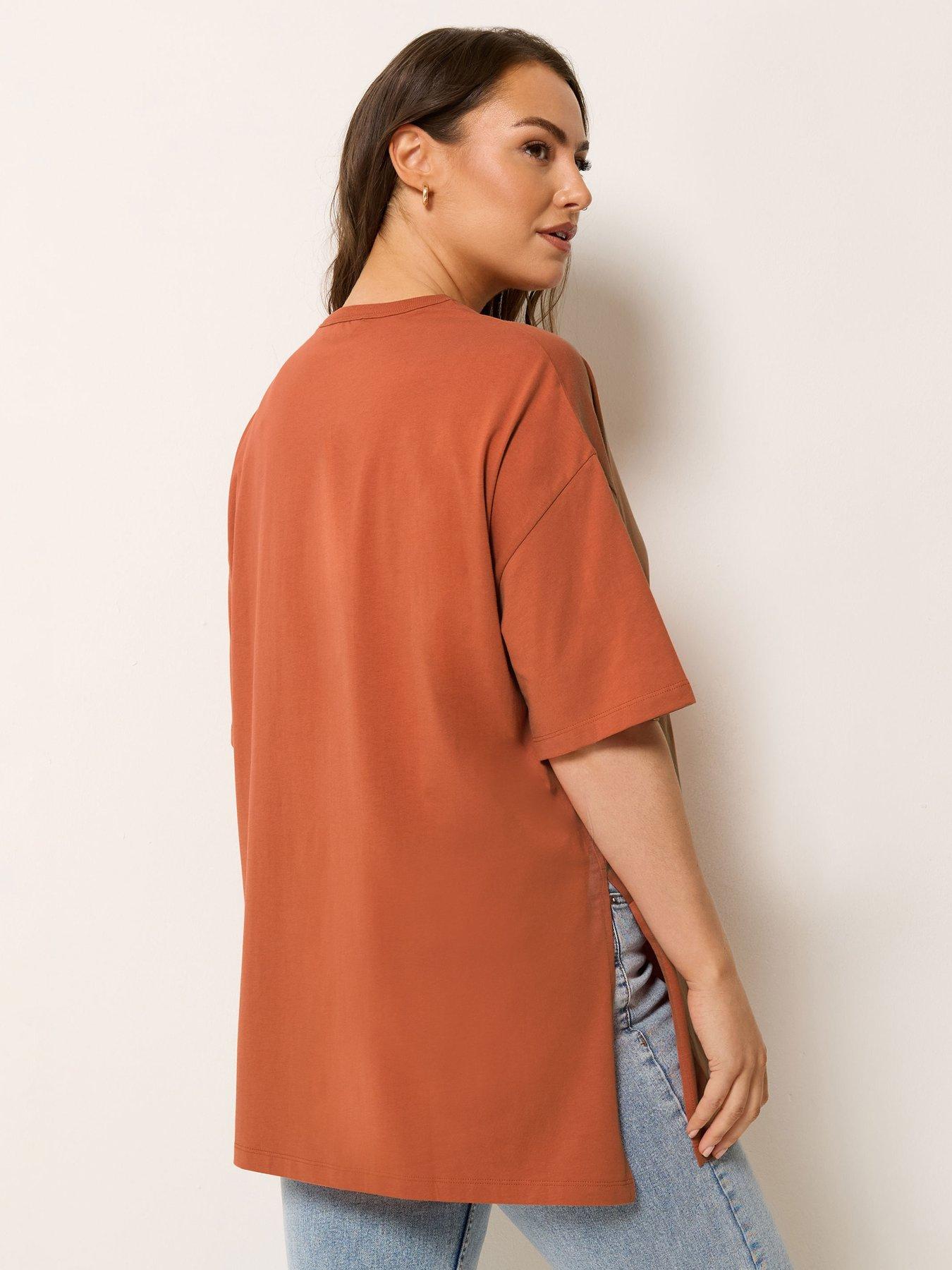 stillFront image of yours-curve-relaxed-longline-side-split-t-shirt-orange