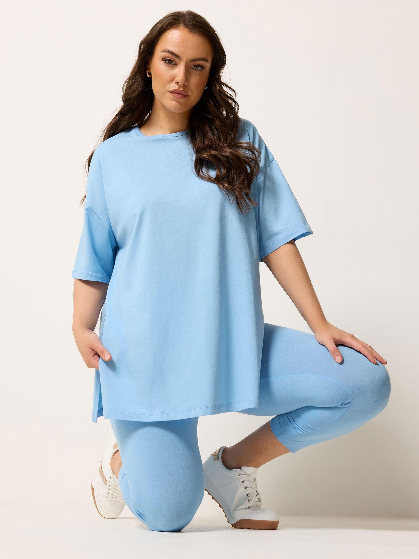 Yours Curve Relaxed Longline Side Split T-Shirt - Blue