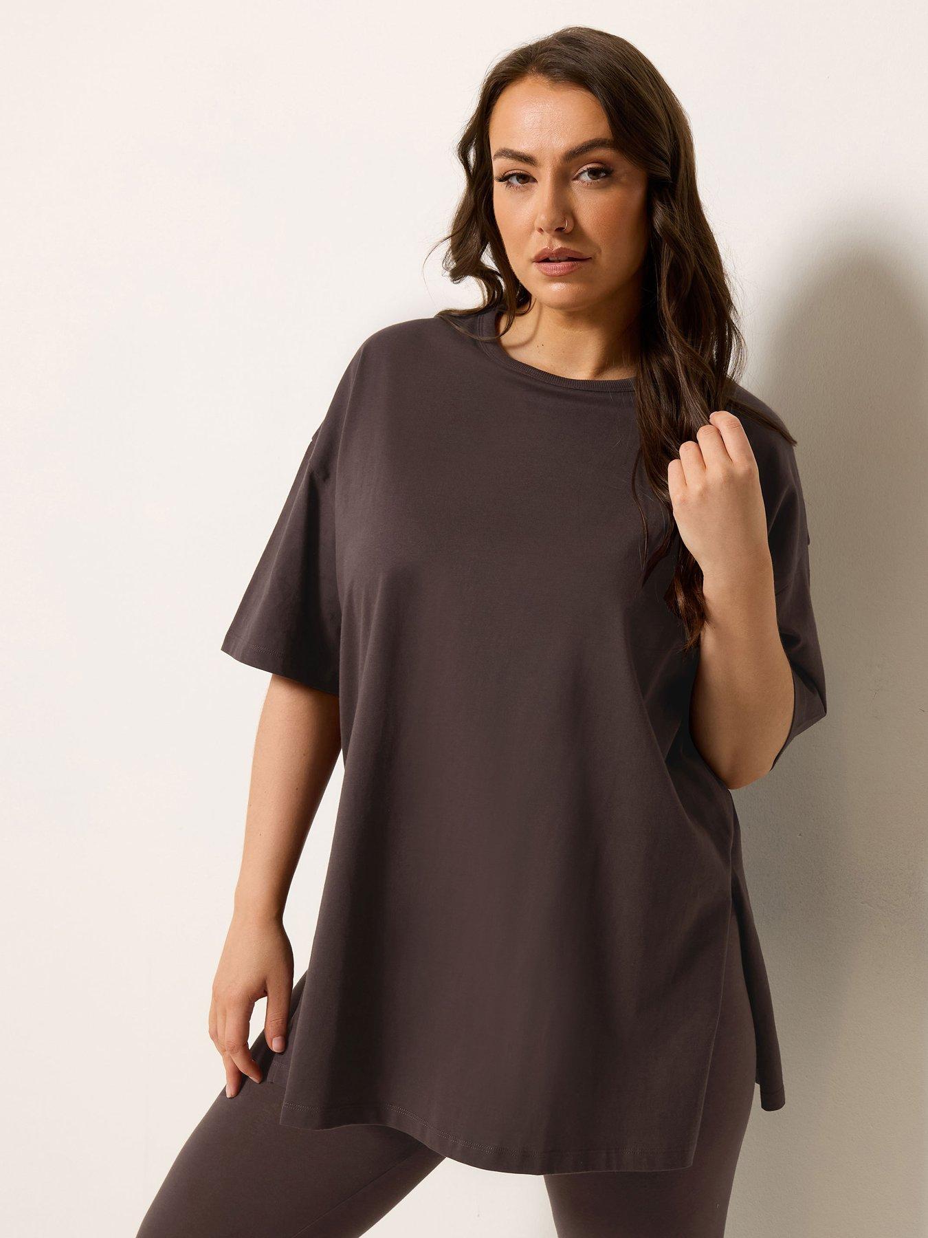 front image of yours-curve-relaxed-longline-side-split-t-shirt-brown
