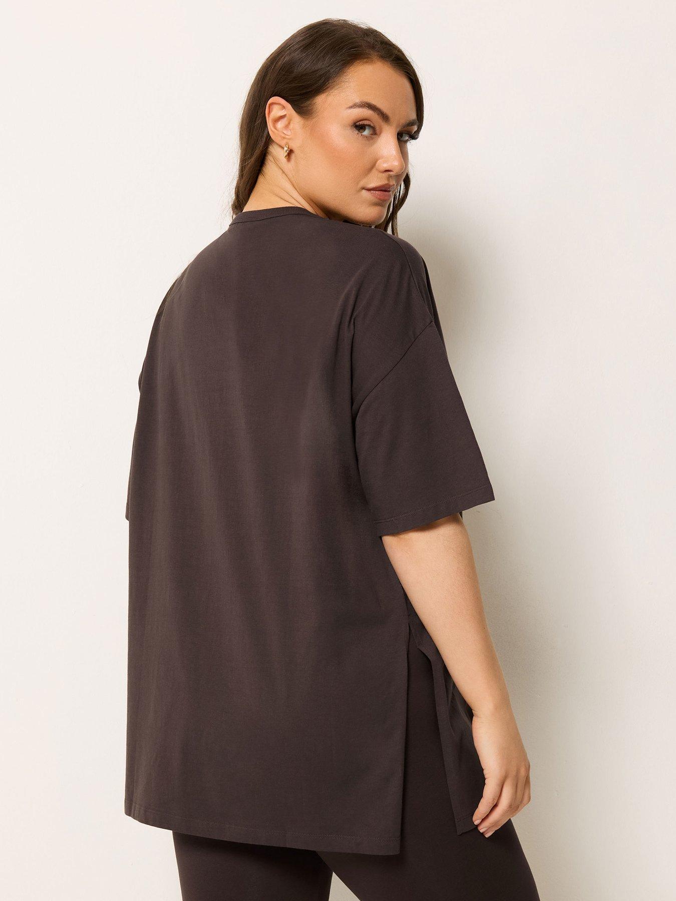 stillFront image of yours-curve-relaxed-longline-side-split-t-shirt-brown