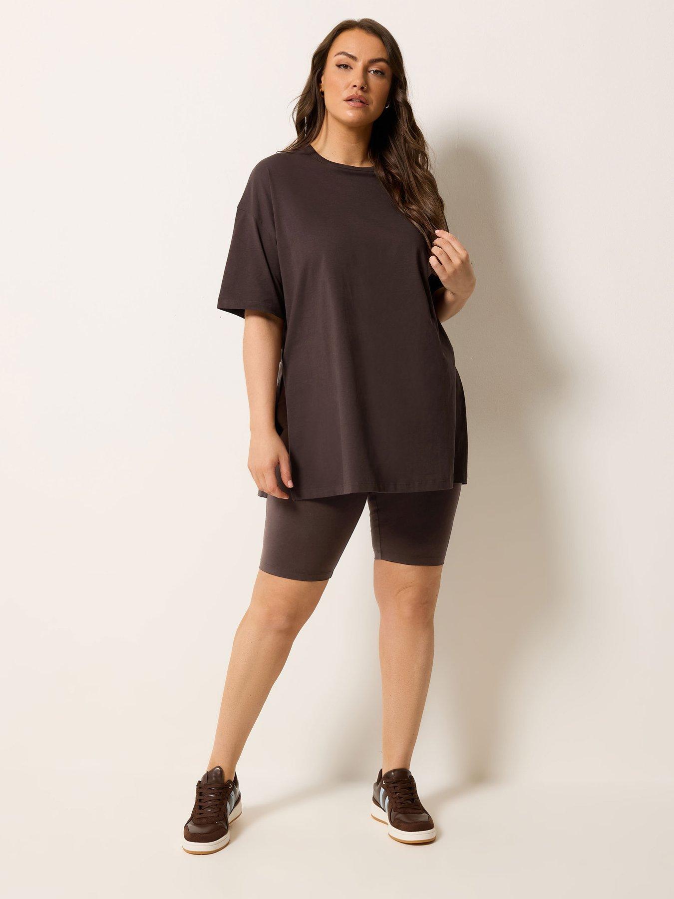  image of yours-curve-relaxed-longline-side-split-t-shirt-brown