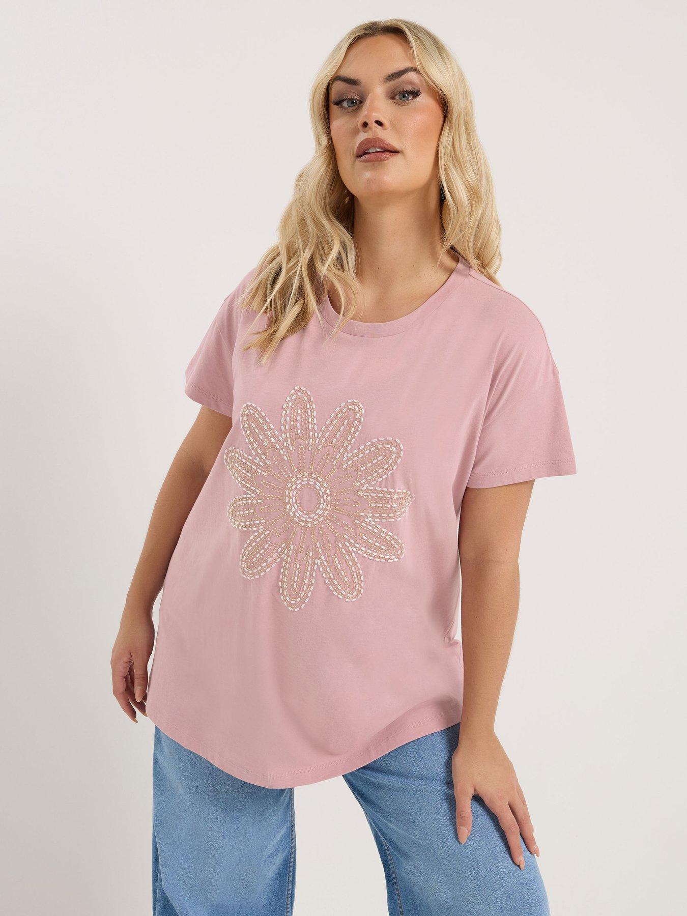 Yours Curve Placement Core T-Shirt - Pink